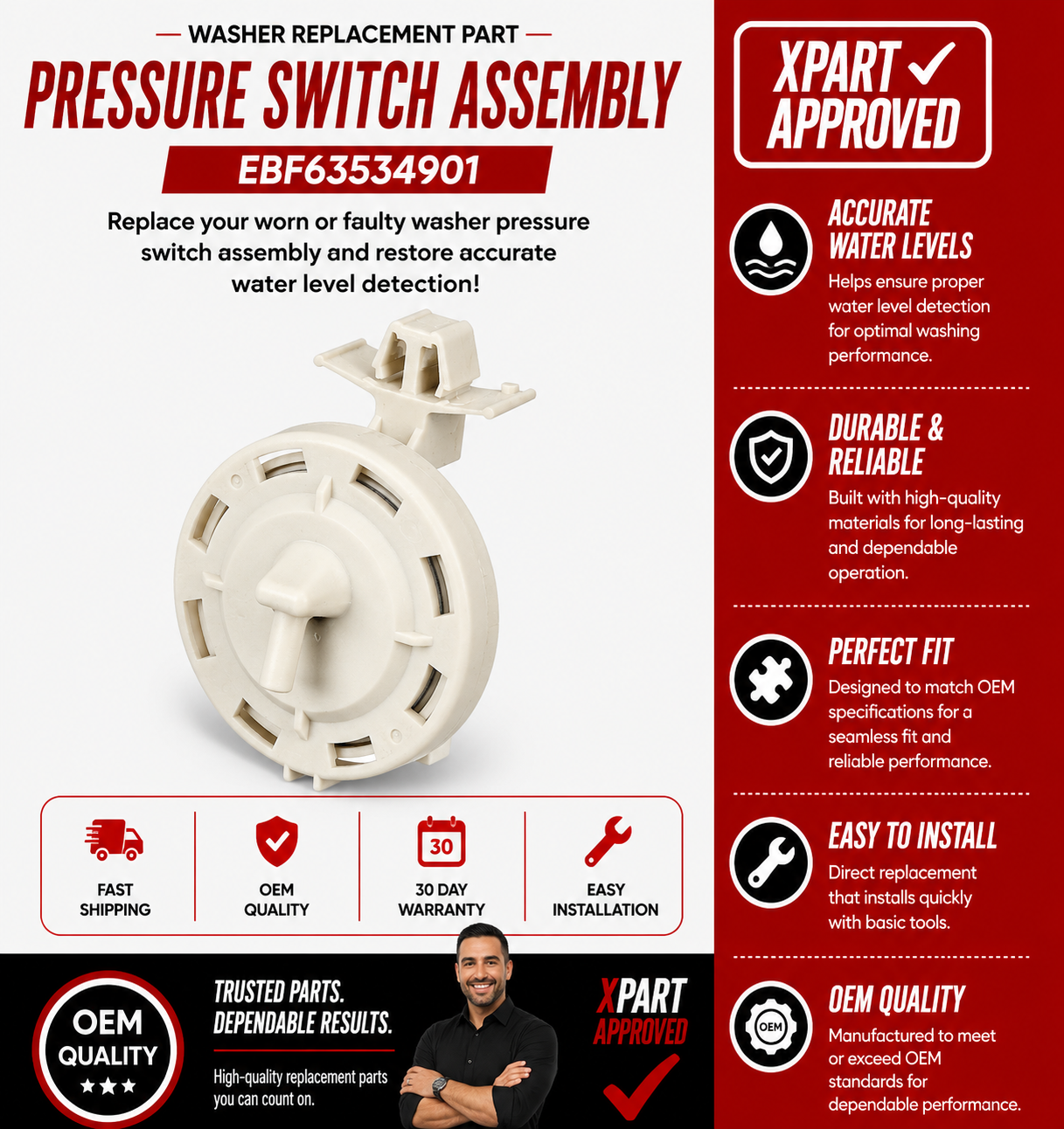 Washer replacement part pressure switch assembly with features and benefits on a white background