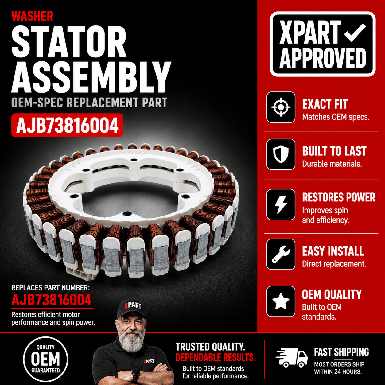 LG Washer Motor Stator Assembly AJB73816004 — Fixes No Spin, Slow Spin or Motor Failure