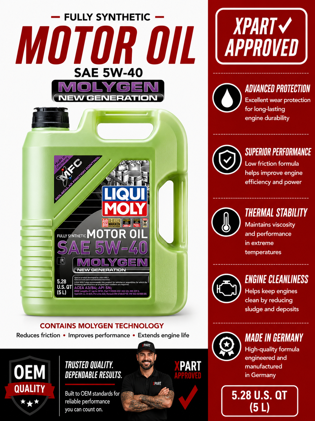 LIQUI MOLY Motor Oil 20232 Molygen 5W-40 — Full Synthetic Engine Protection