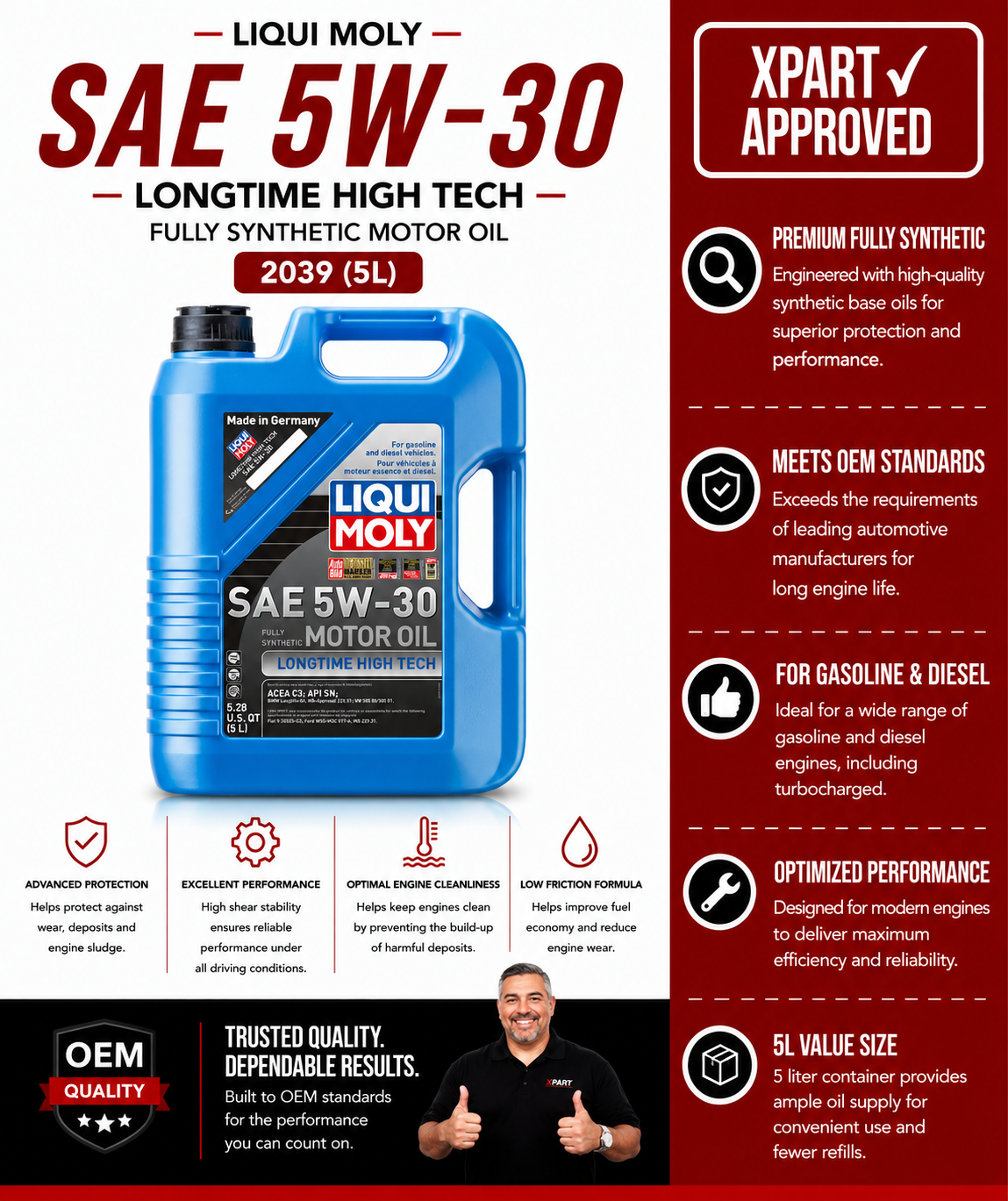 LIQUI MOLY Motor Oil 2039 — 5W30 5L Low-SAPS Synthetic, DPF-Safe Long-Life Engine Protection