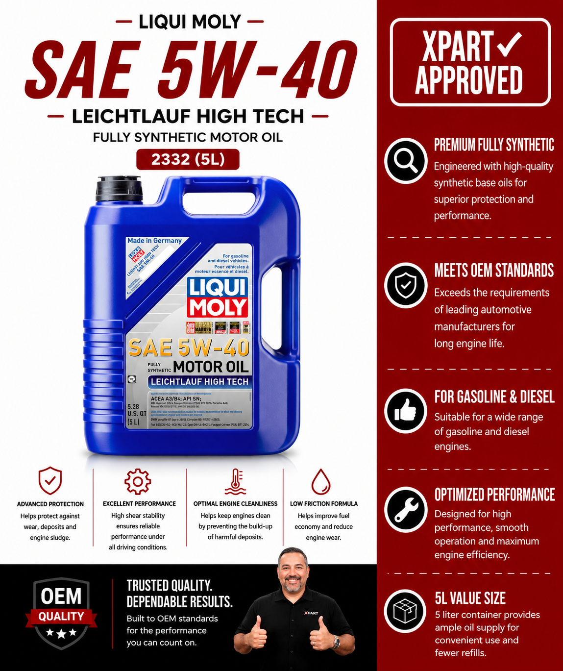 LIQUI MOLY Motor Oil 2332 — 5W40 5L Full Synthetic, Low Friction Engine Protection