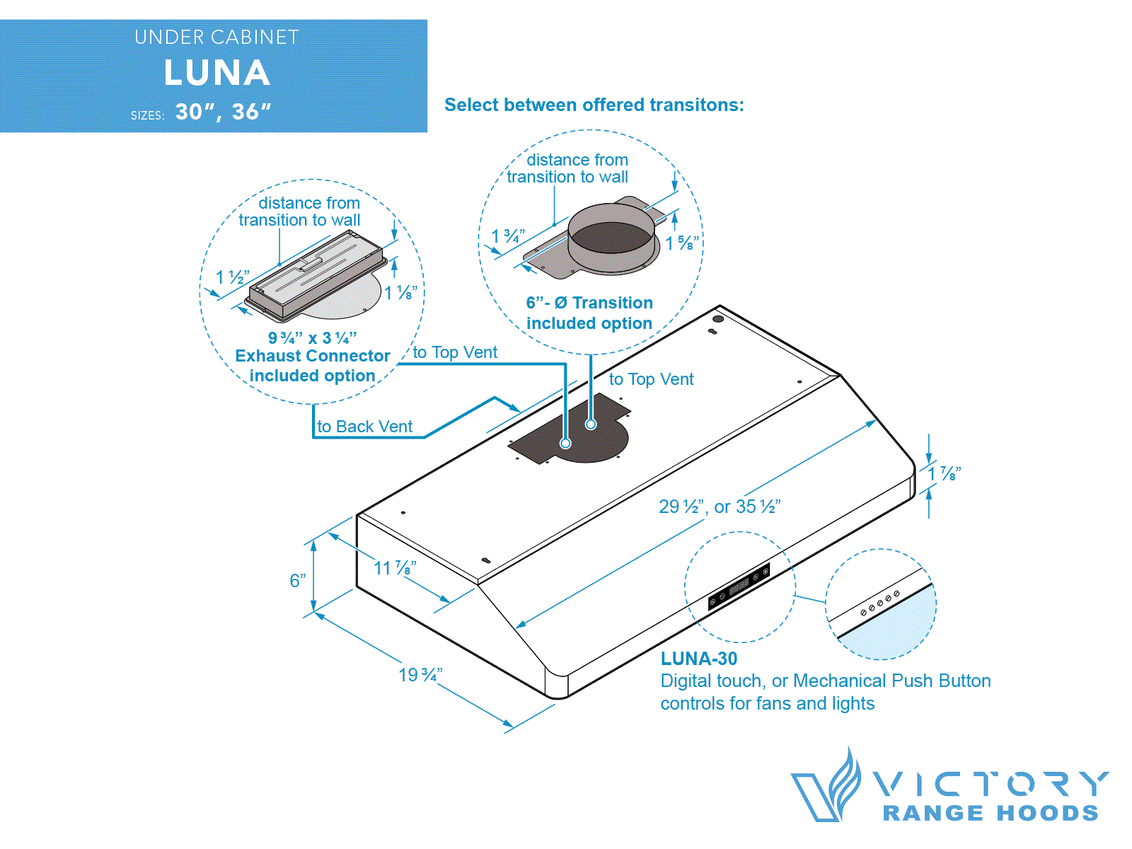 36 Inch 600 CFM Under Cabinet Range Hood - VICTORY Luna
