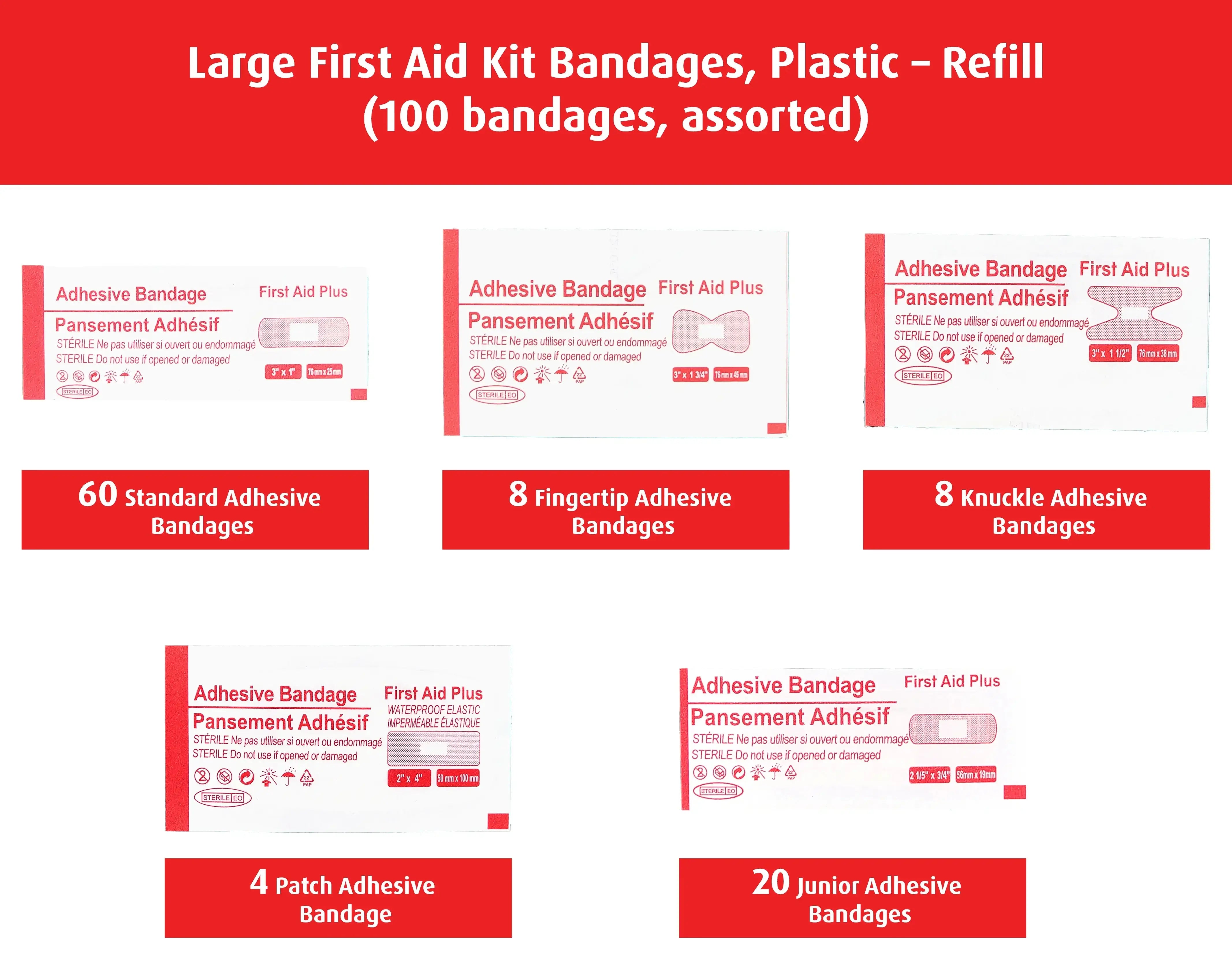 Large First Aid Kit Bandages, Plastic – Refill (Assorted Pack of 100)
