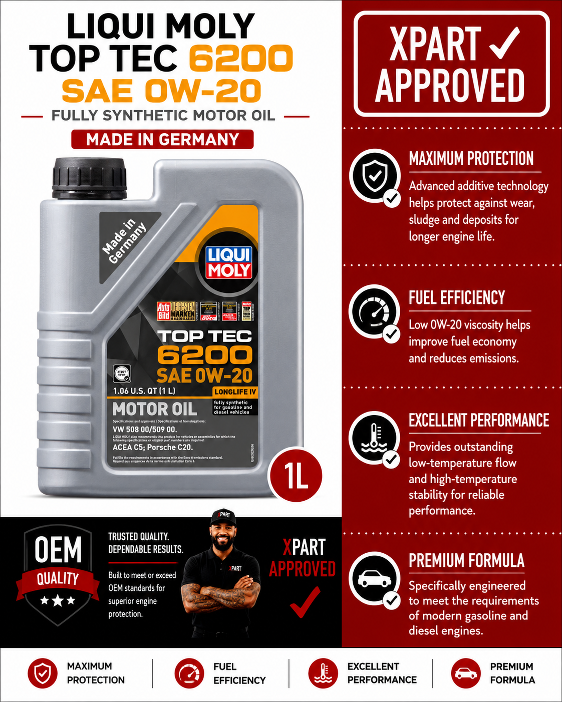 Liqui-Moly Motor Oil 20236 — Top Tec 6200 0W-20 for Audi, Porsche & VW (1L)