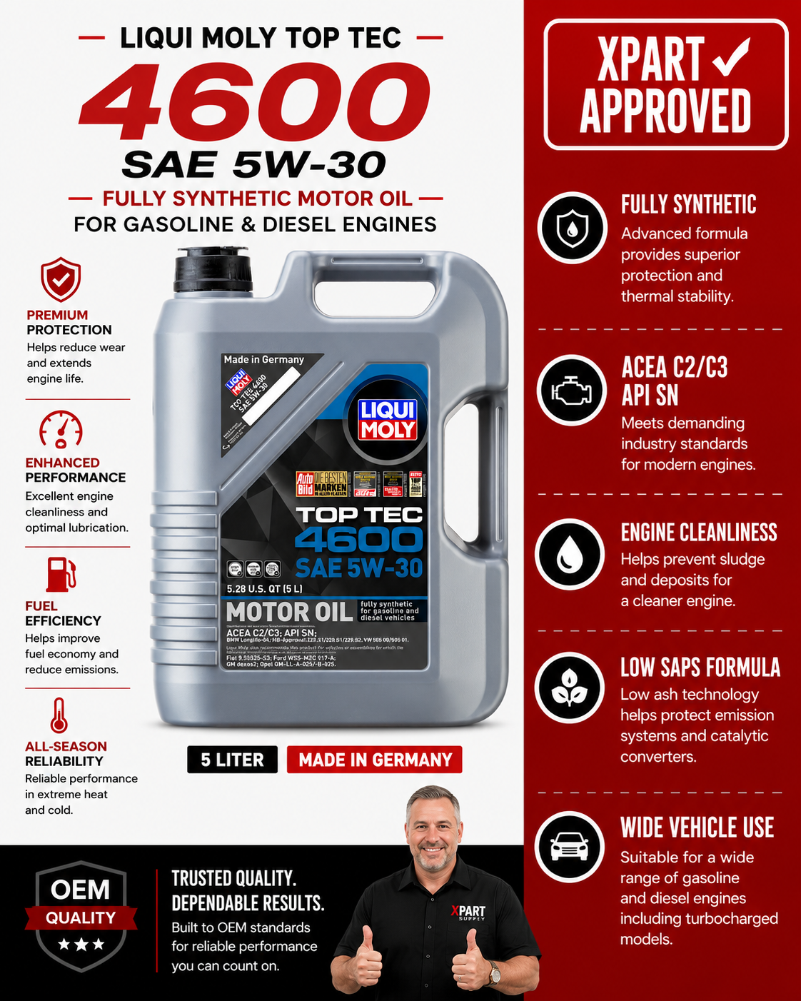 Liqui Moly Top Tec 4600 Motor Oil 20448 5W-30 5L — Full Synthetic Low-SAPS for BMW & Mercedes Diesel