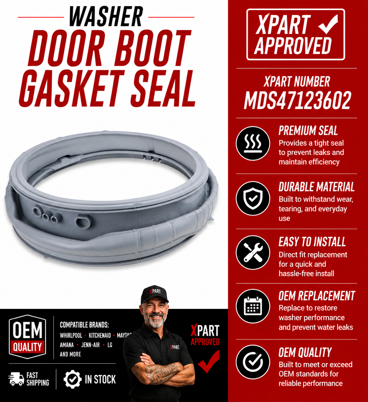 MDS47123602 Washer Door Boot Gasket Seal – OEM LG Front-Load Washer Door Gasket