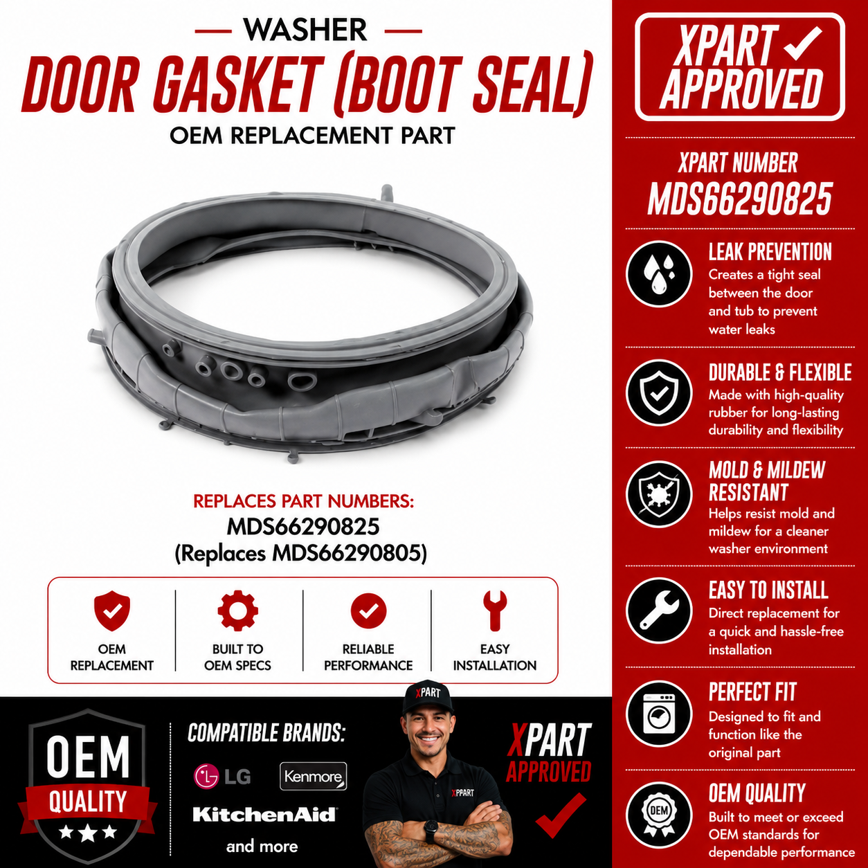 Washer door gasket with features and specifications on a white background