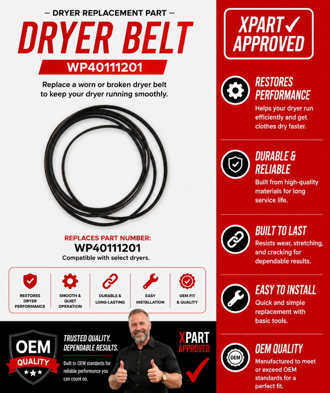 Maytag Dryer Drive Belt WP40111201 — Fixes Drum Not Spinning