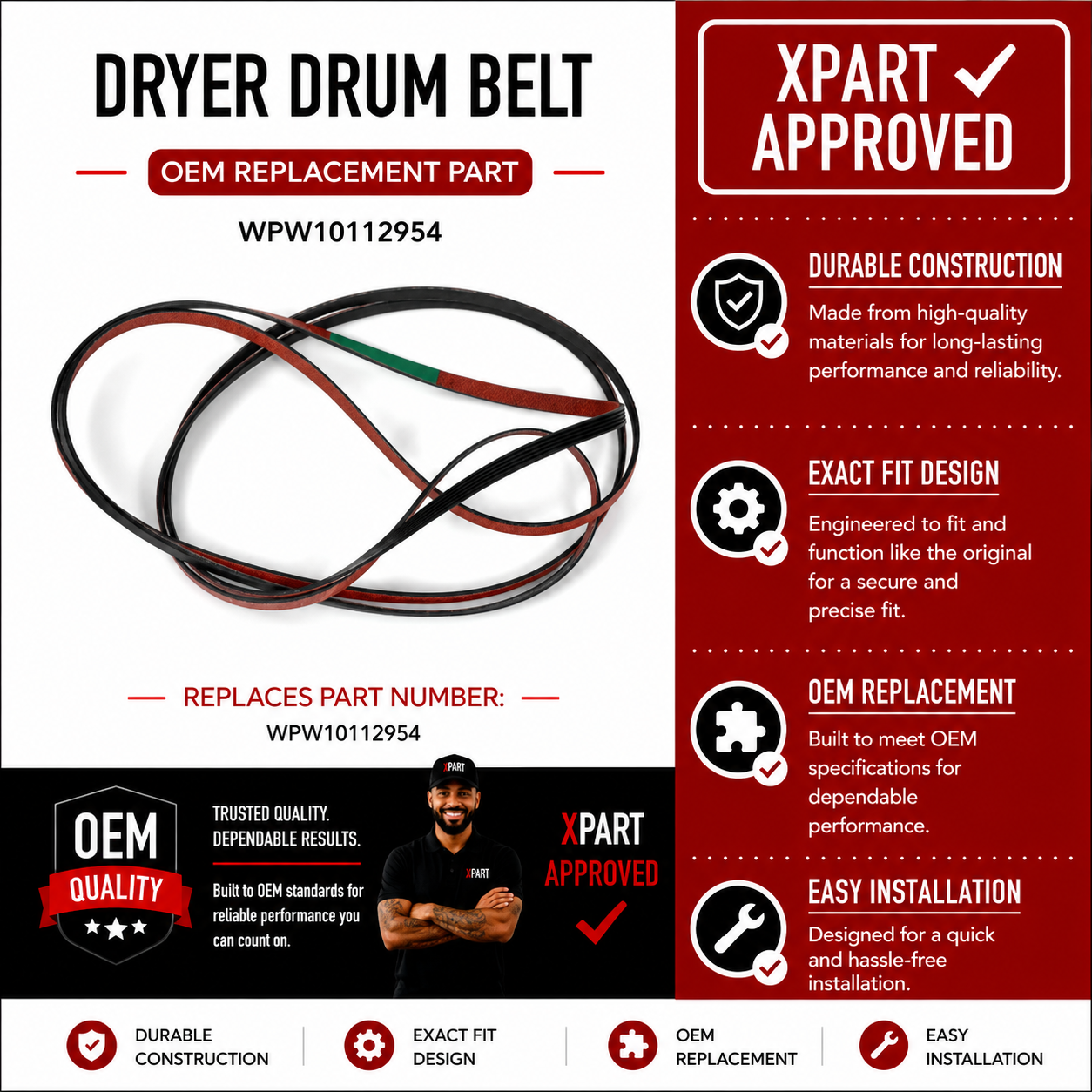 Maytag Dryer Drum Belt WPW10112954 — Fix No-Tumble & Squealing Drum