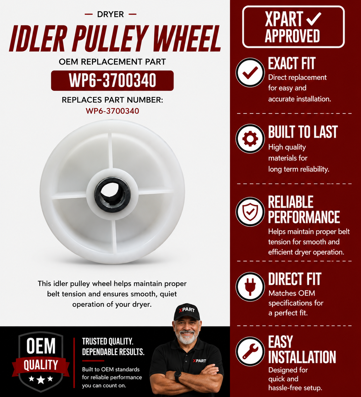 Maytag Dryer Idler Pulley WP6-3700340 — Fixes Squealing & Drum Not Turning