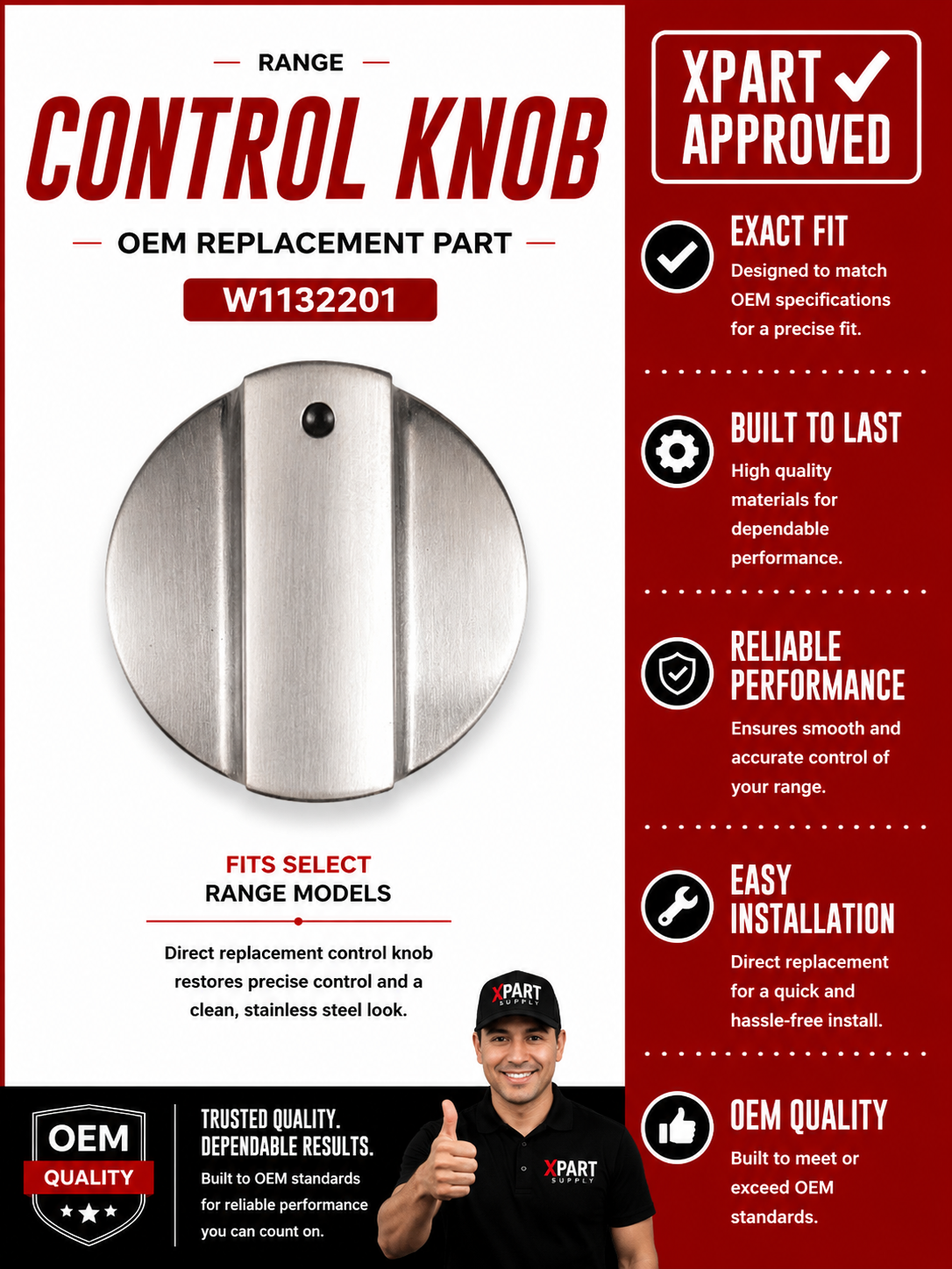 Maytag Range Control Knob W11132201 — Fixes Loose, Cracked or Missing Burner Knob