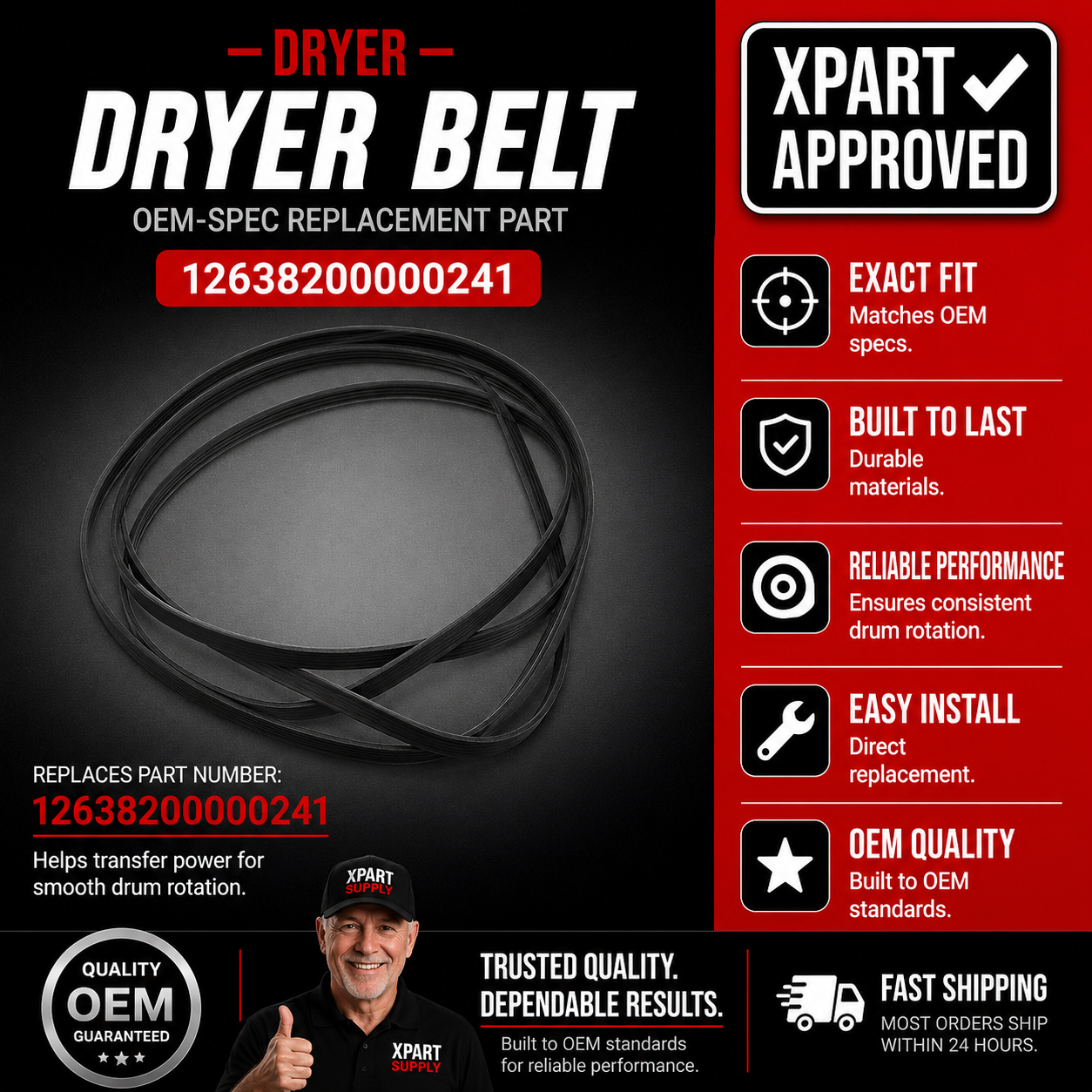 Midea Dryer Drive Belt 12638200000241 — Fixes Drum Not Spinning & No Tumble