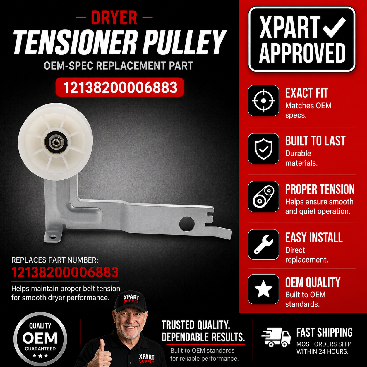 Midea Dryer Tensioner Pulley 12138200006883 — Fixes Squealing, Belt Slipping & Drum Not Turning