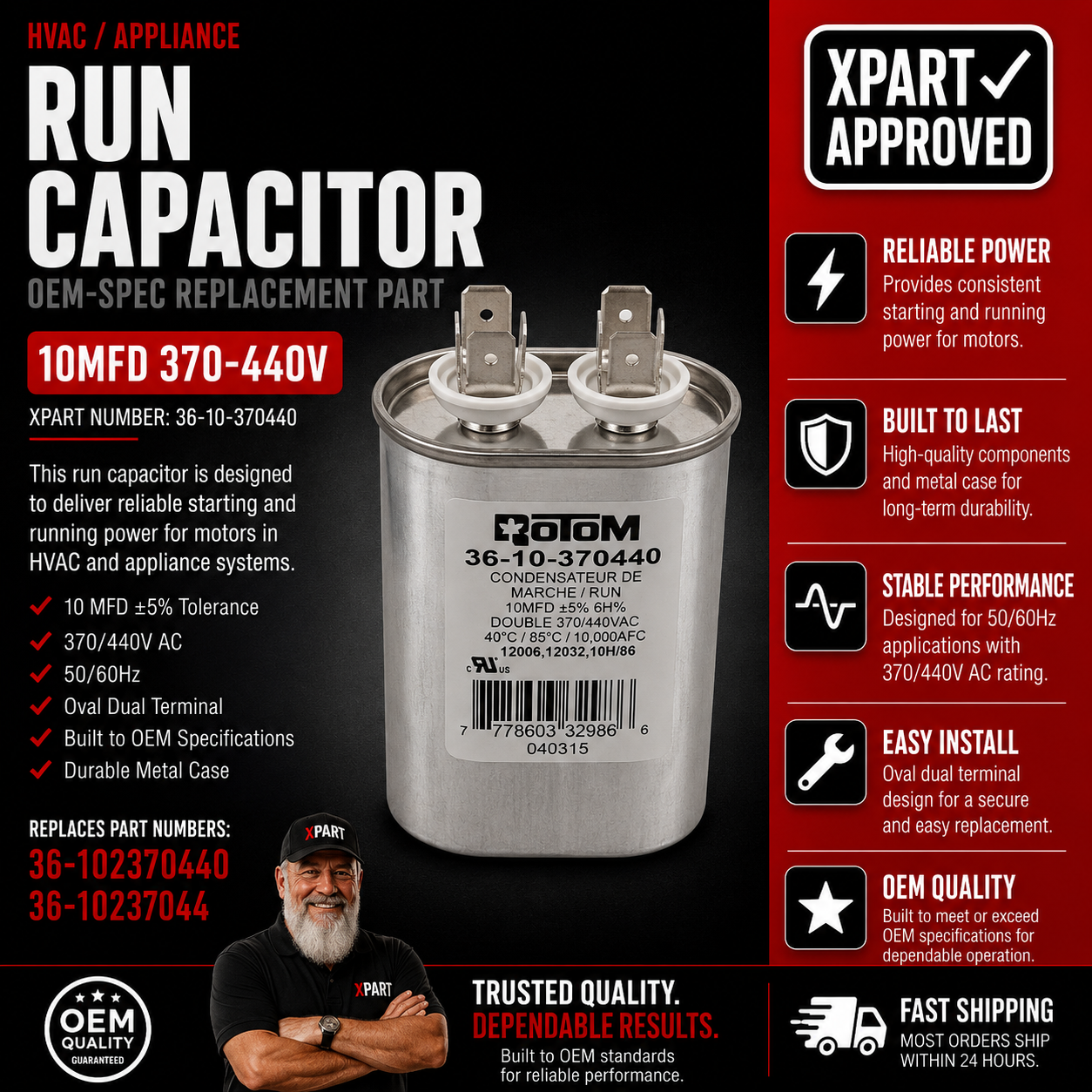 Rotom Run Capacitor 36-10-370440 — Restores HVAC Motor Start & Run Performance