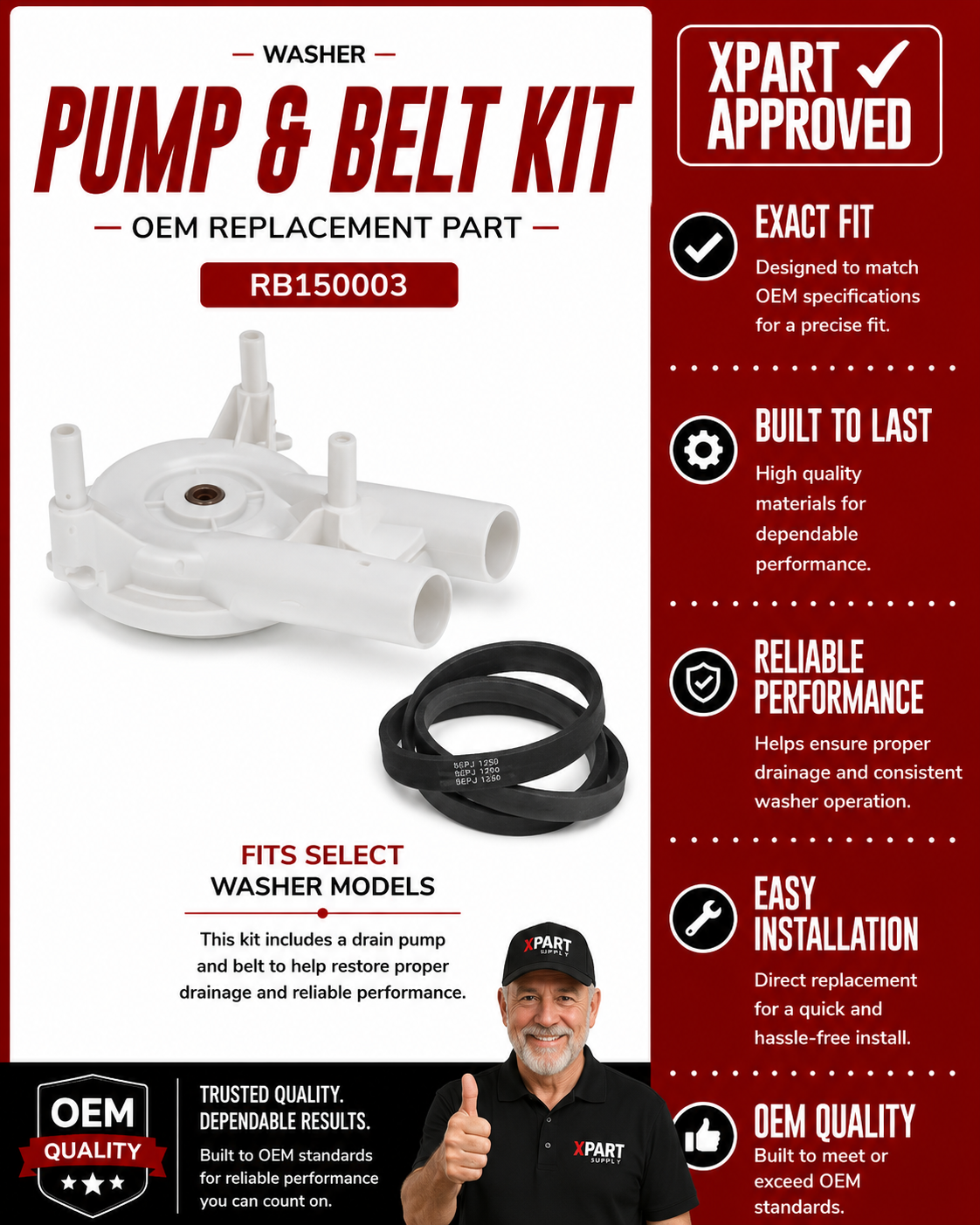 RB150003 Washer Kit Belt and Pump