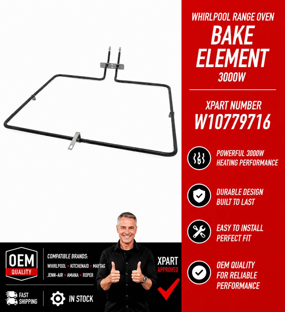 Whirlpool range oven bake element with product details on a red background