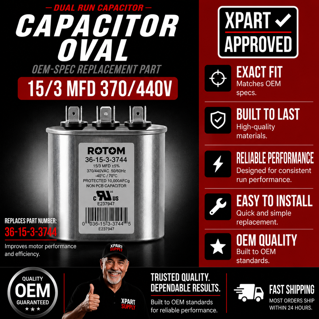 Rotom Dual Run Capacitor 36-15-3-3744, Oval, 15/3MFD, 370/440V