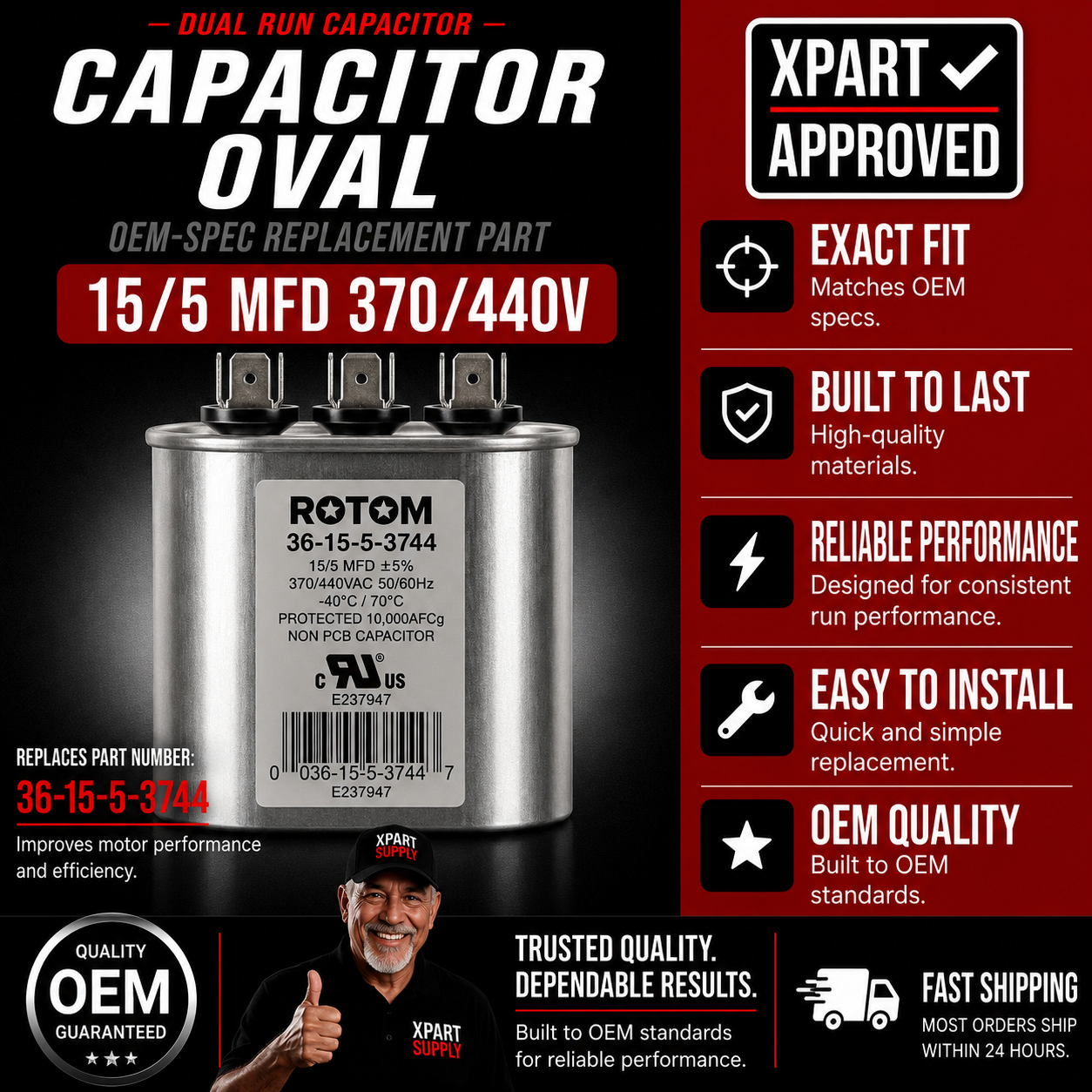 Rotom Dual Run Capacitor 36-15-5-3744, Oval, 15/5MFD, 370/440V