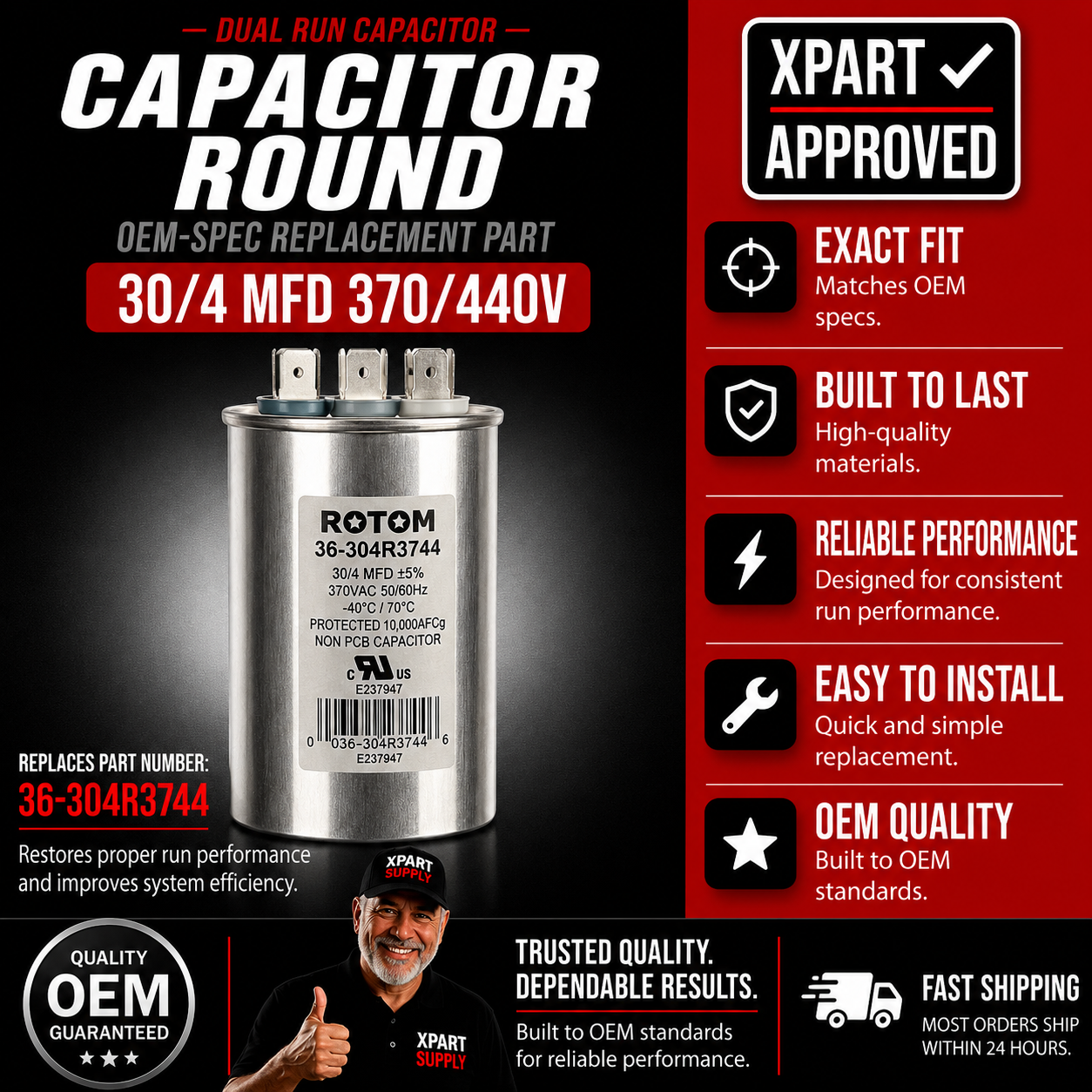 Rotom HVAC Dual Run Capacitor 36-304R3744 — Round, 30/4MFD, 370/440V