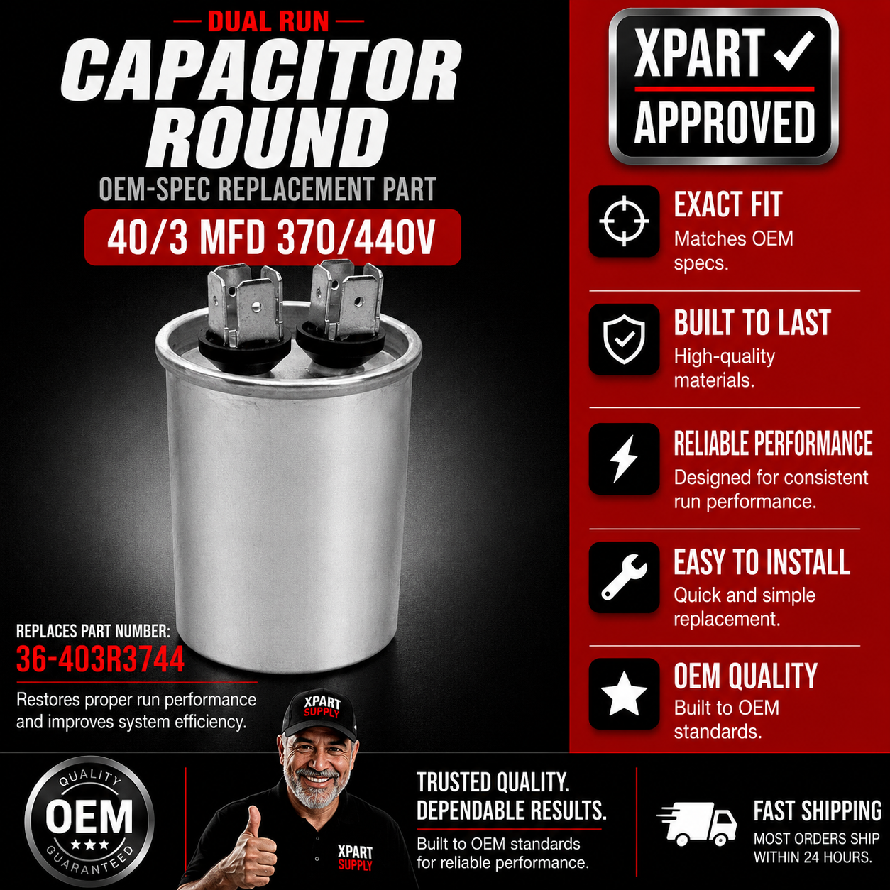 Rotom HVAC Dual Run Capacitor 36-403R3744 — Round, 40/3MFD, 370/440V