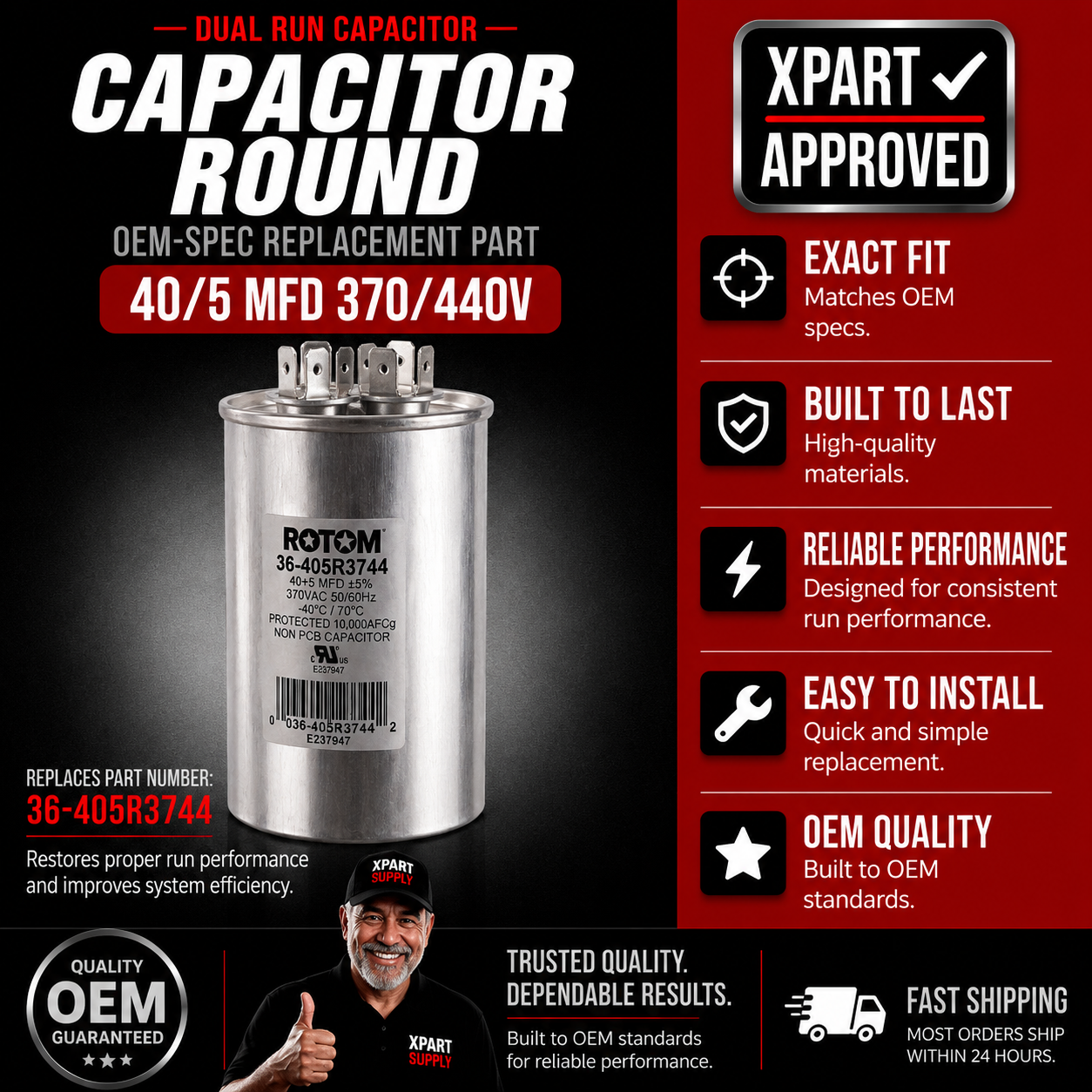 Rotom HVAC Dual Run Capacitor 36-405R3744 - Round, 40/5MFD, 370/440V