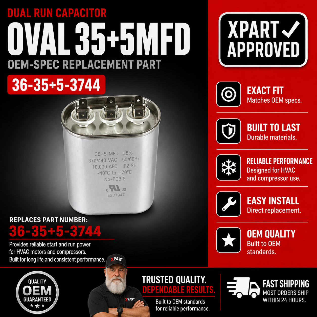Rotom Dual Run HVAC Capacitor 36-35-5-3744 — Replace Failed 35/5 MFD 370/440V Oval Capacitors