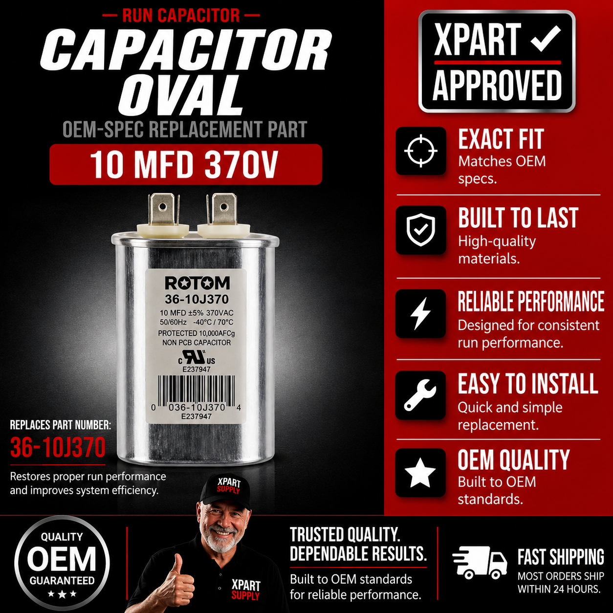 Rotom HVAC Run Capacitor 36-10J370 — Oval, 10MFD, 370V
