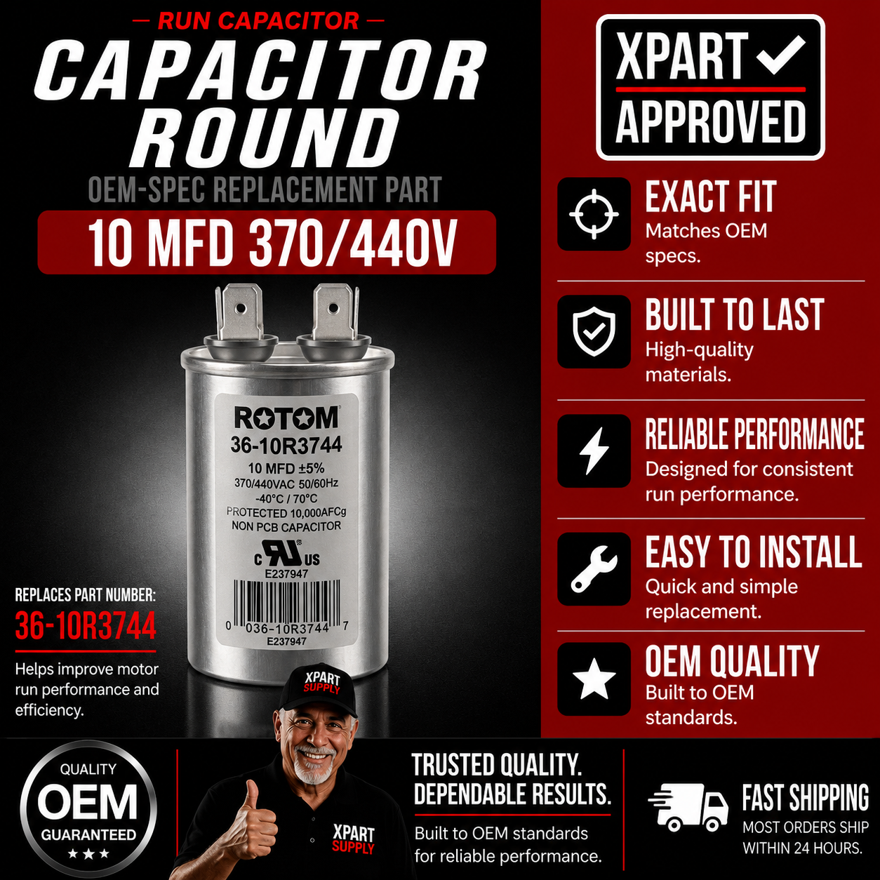 Rotom Run Capacitor 36-10R3744, Round, 10MFD, 370/440V