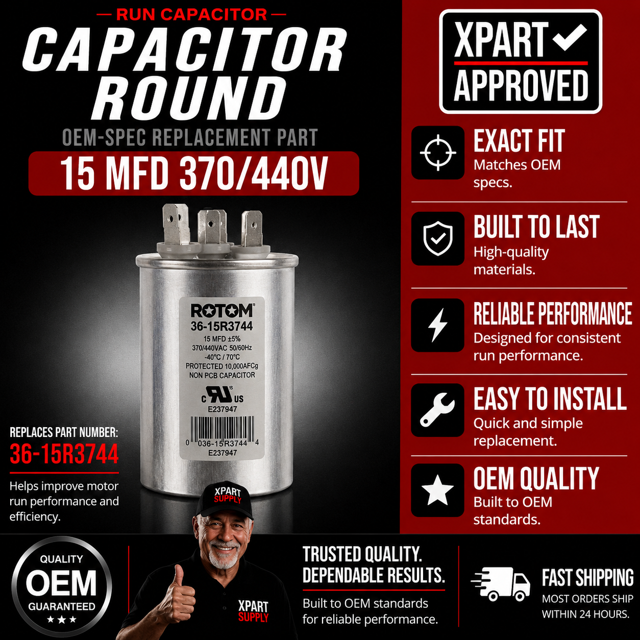 Rotom Run Capacitor 36-15R3744, Round, 15MFD, 370/440V