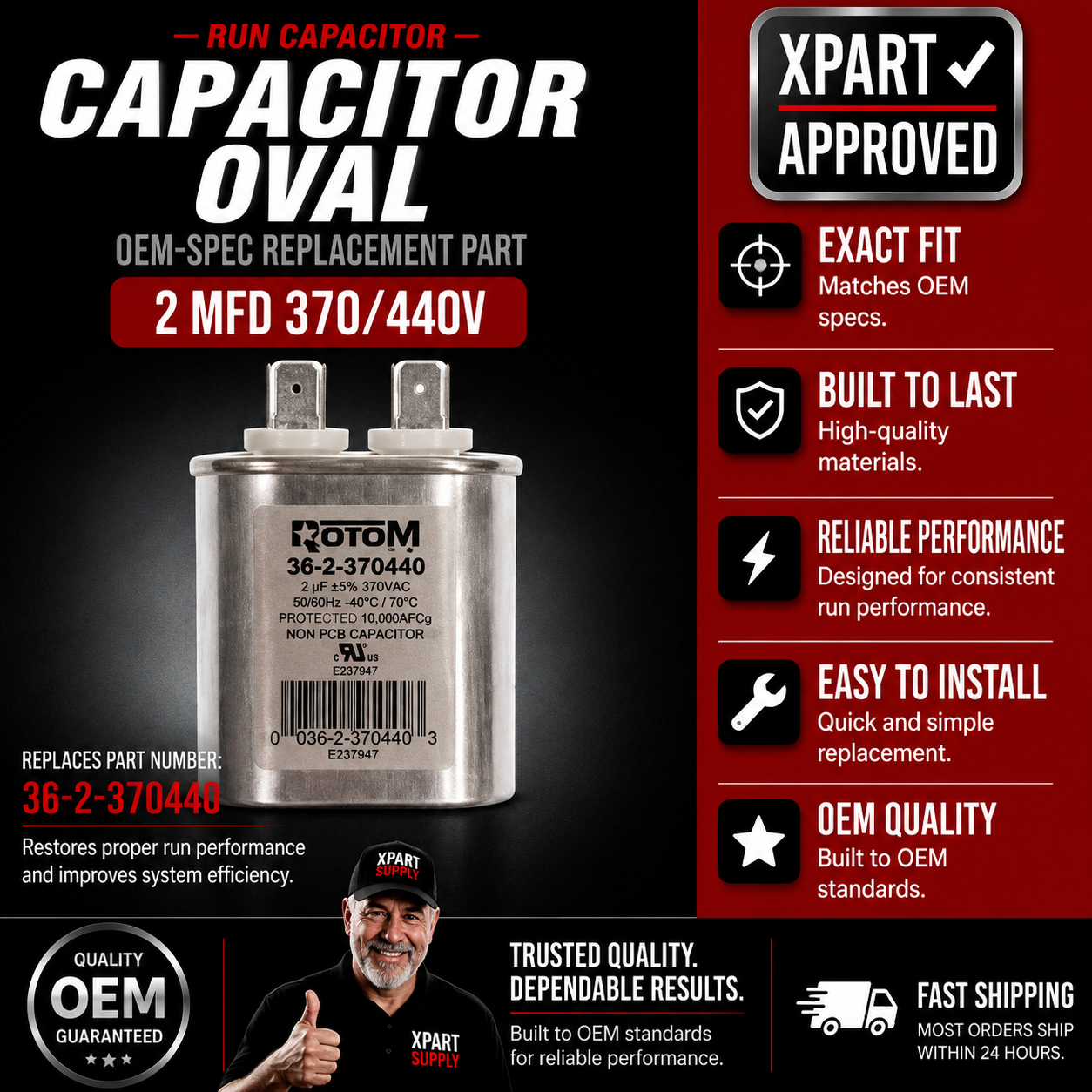 Rotom HVAC Run Capacitor 36-2-370440 - Oval, 2MFD, 370/440V