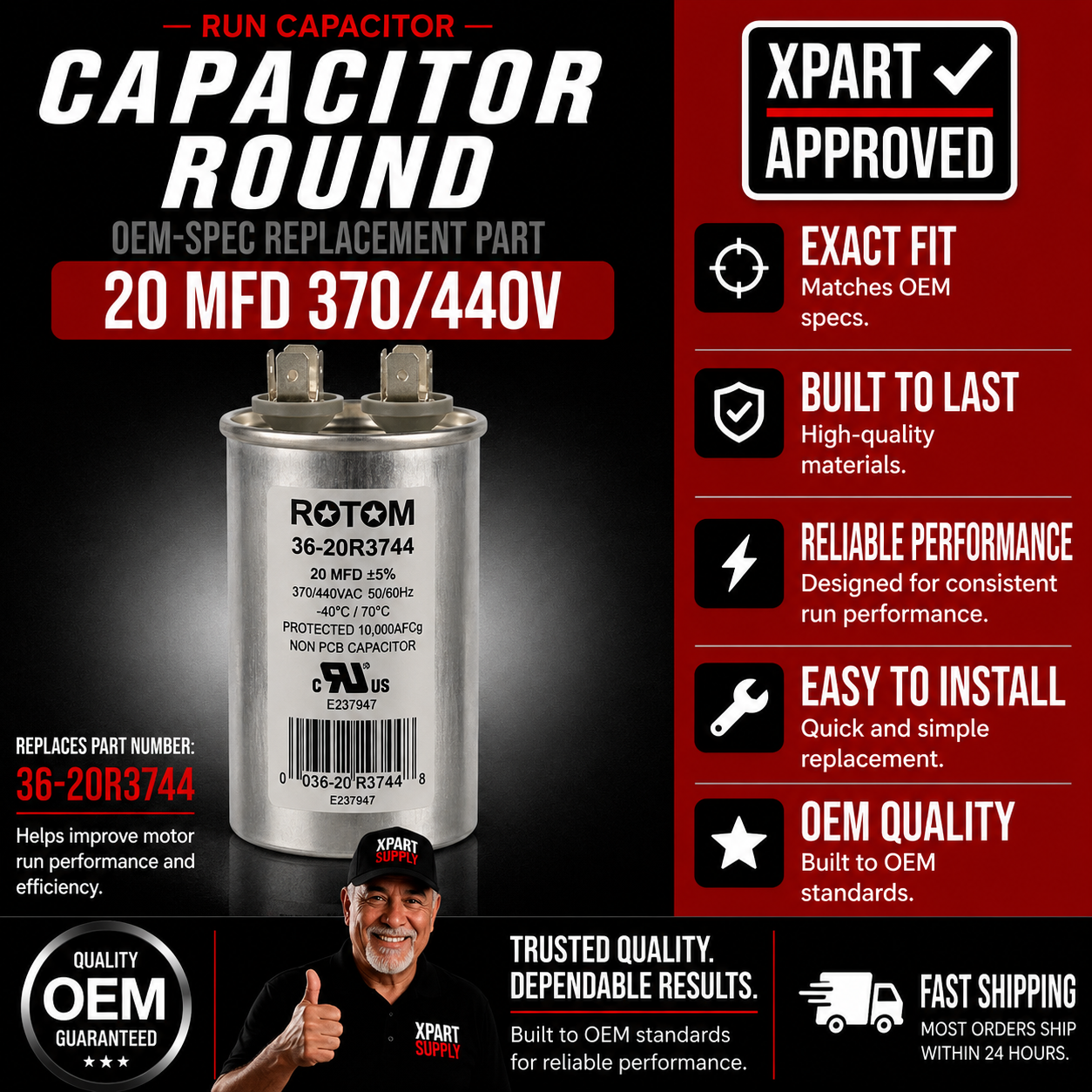 Rotom Run Capacitor 36-20R3744, Round, 20MFD, 370/440V