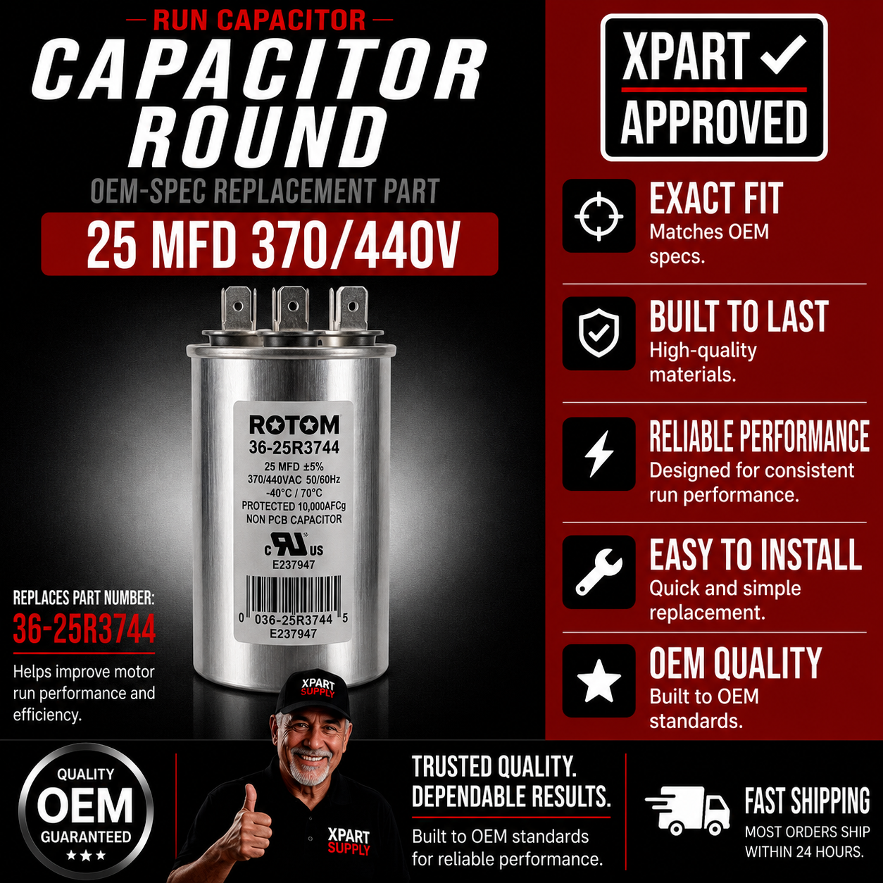 Rotom Run Capacitor 36-25R3744, Round, 25MFD, 370/440V