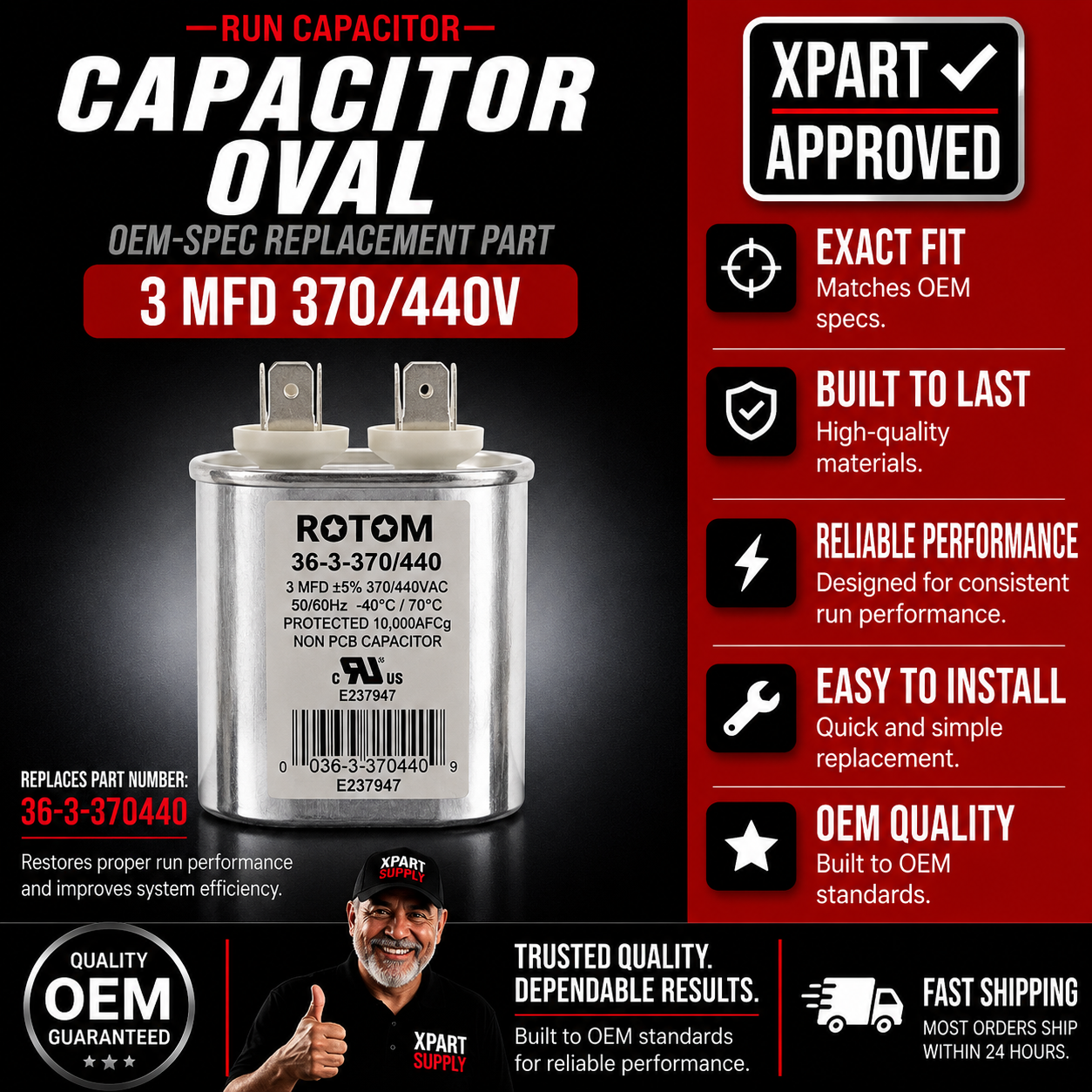Rotom HVAC Run Capacitor 36-3-370440 — Oval, 3MFD, 370/440V