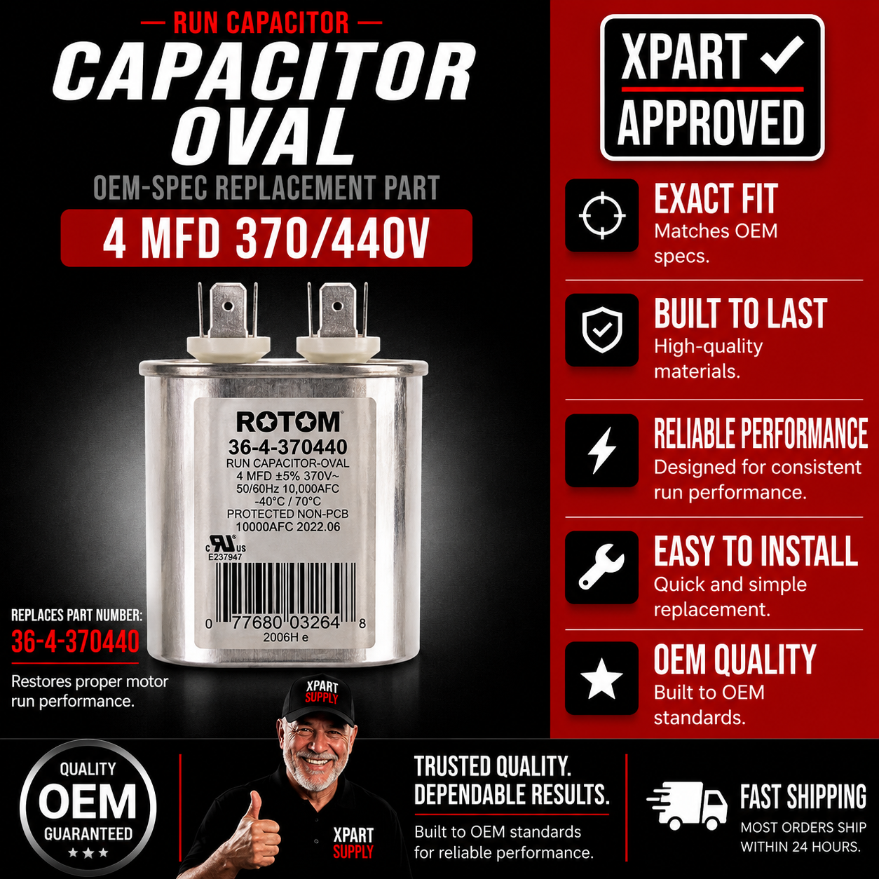 Rotom HVAC Run Capacitor 36-4-370440 — Oval, 4MFD, 370/440V