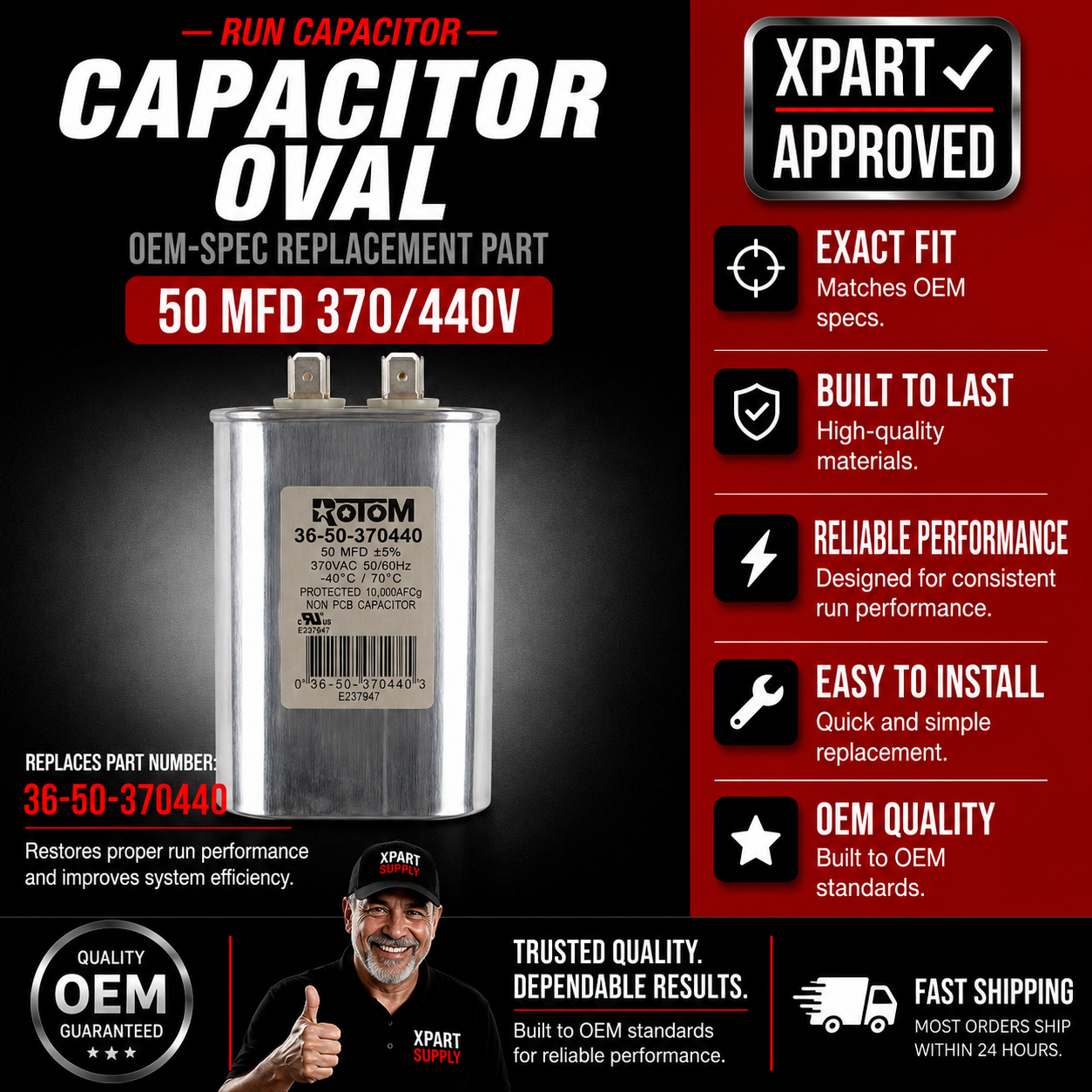 Rotom HVAC Run Capacitor 36-50-370440 - Oval, 50MFD, 370/440V