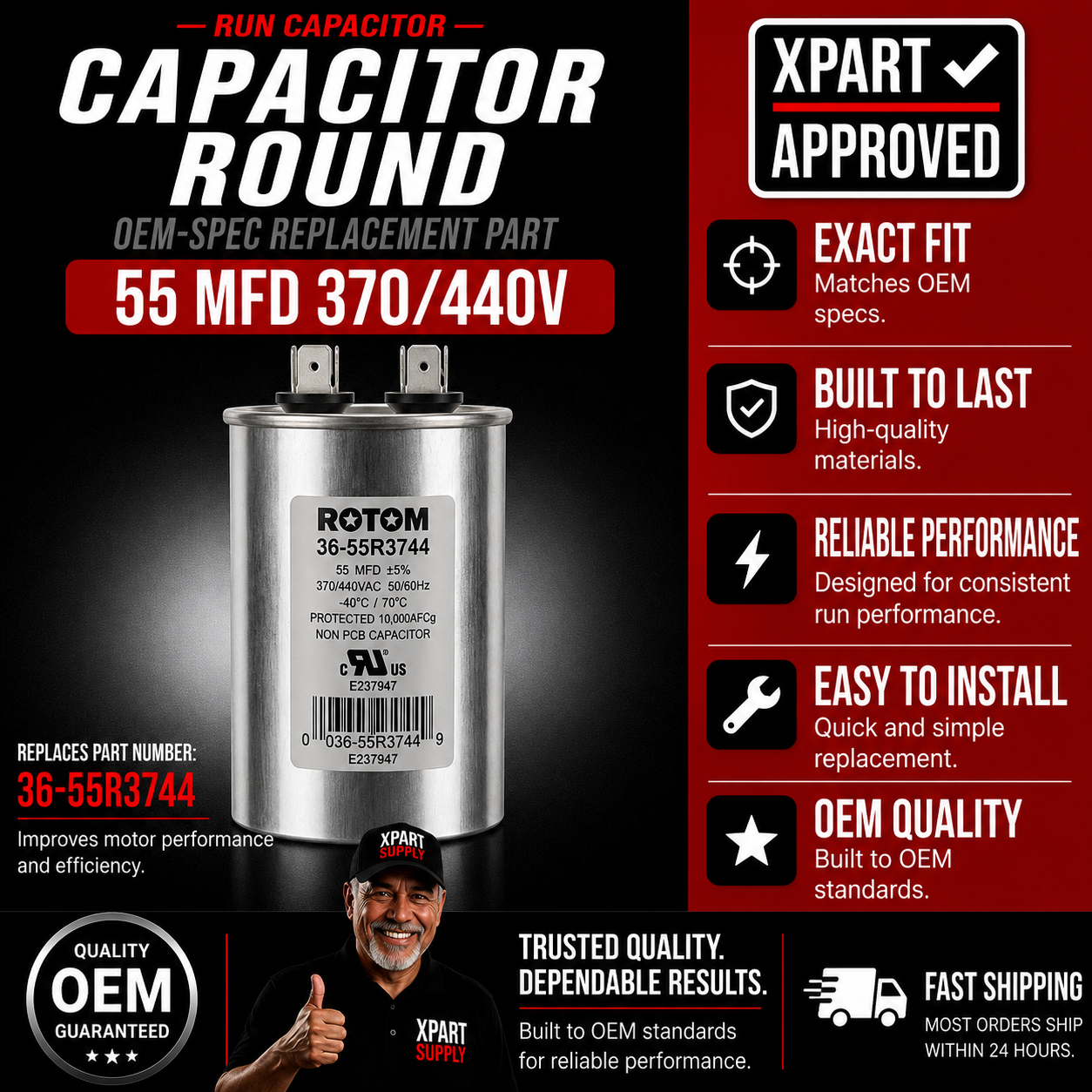 Rotom Run Capacitor 36-55R3744, Round, 55MFD, 370/440V