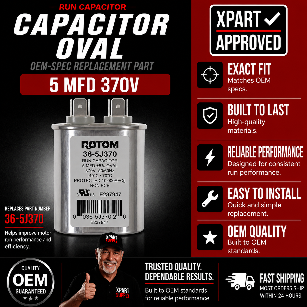 Rotom HVAC Run Capacitor 36-5J370 - Oval, 5MFD, 370V