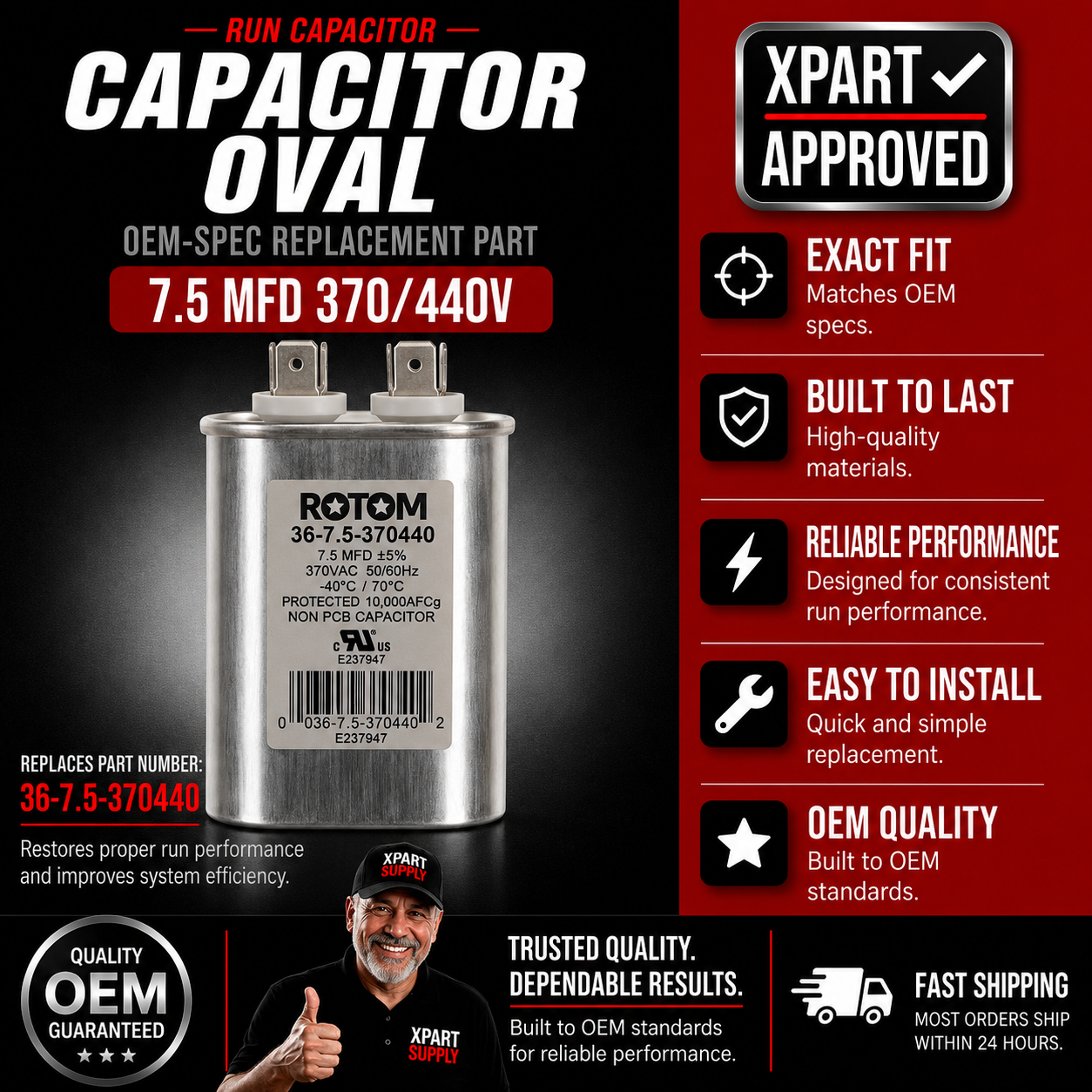 Rotom HVAC Run Capacitor 36-7-370440 — Oval, 7.5MFD, 370/440V