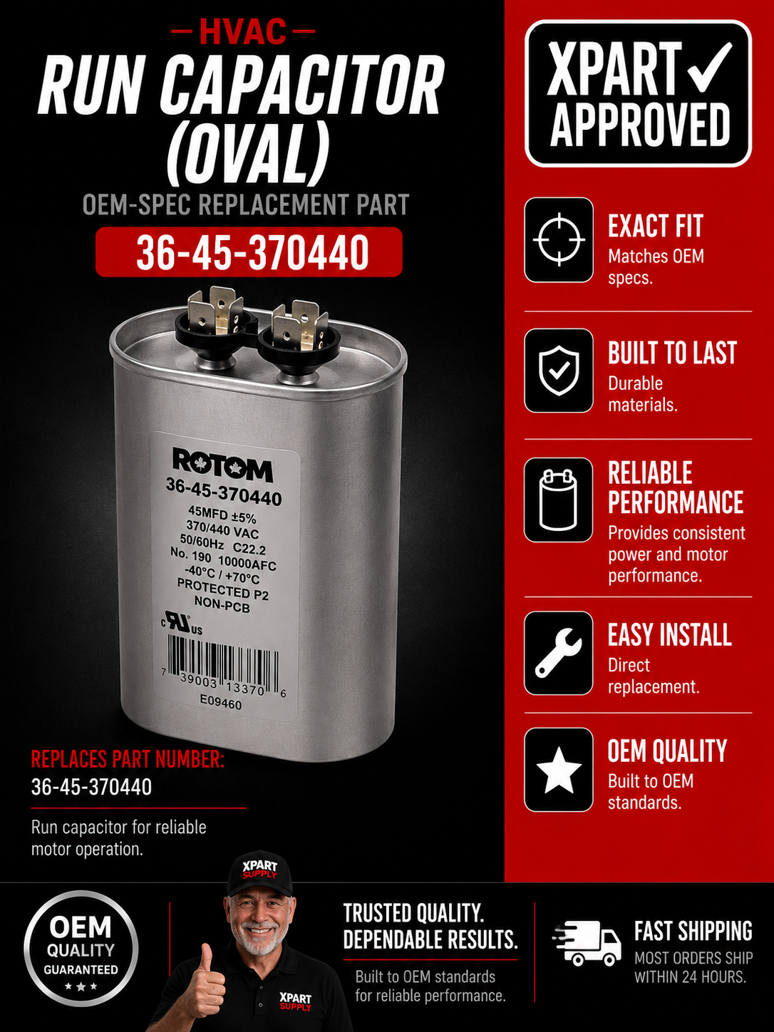 Rotom Run HVAC Capacitor 36-45-370440 — Replace Failed 45 MFD 370/440V Oval Capacitors