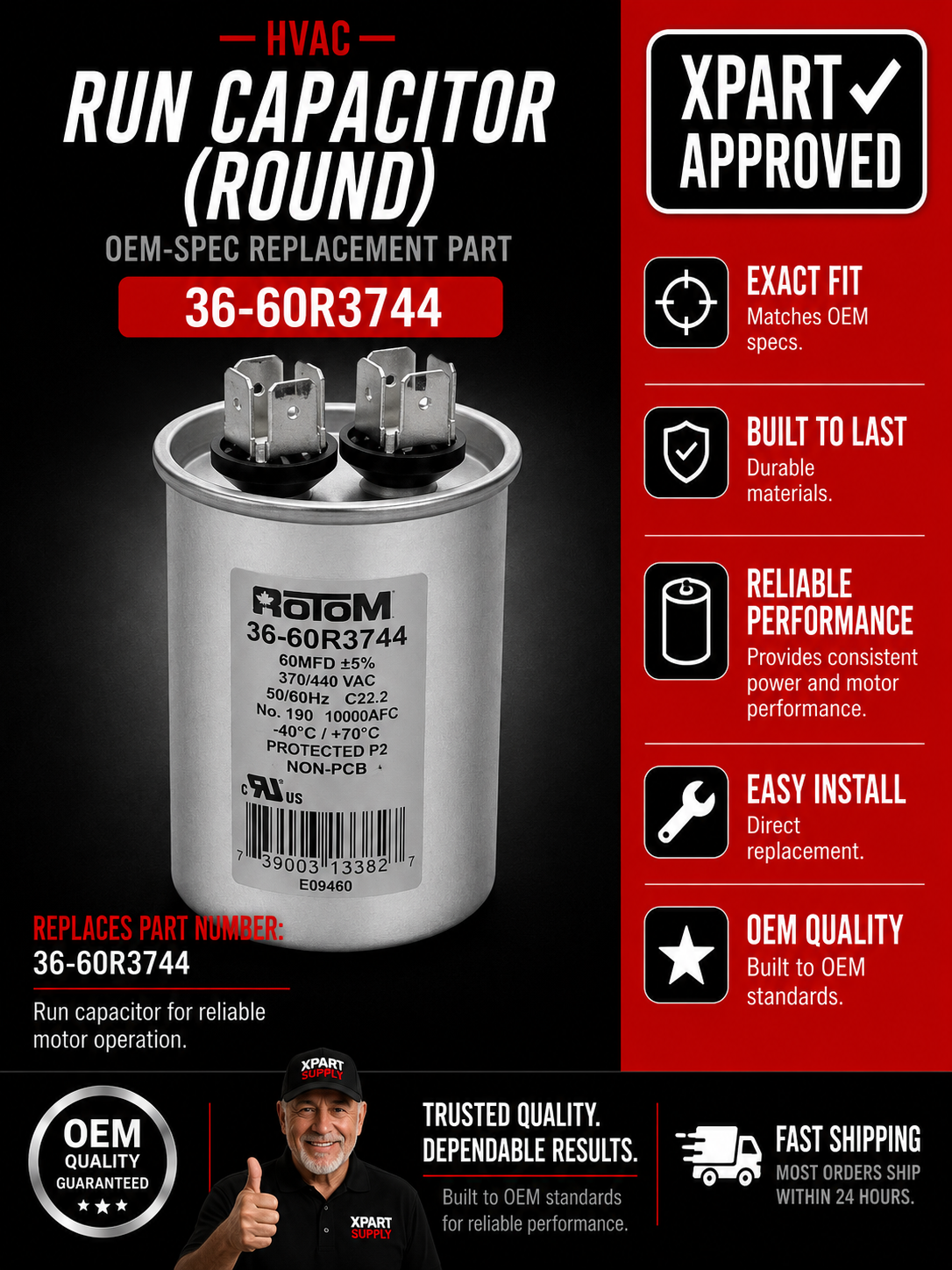 Rotom Run HVAC Capacitor 36-60R3744 — Replace Failed 60 MFD 370/440V Round Capacitors