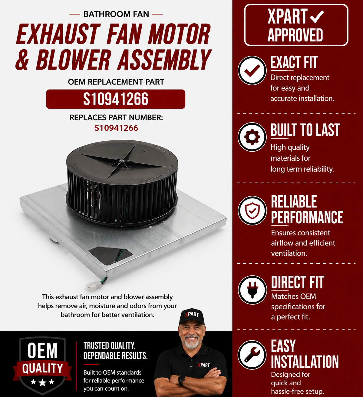 Broan NuTone Motor & Blower Assembly S10941266 — Restores Exhaust Fan Airflow