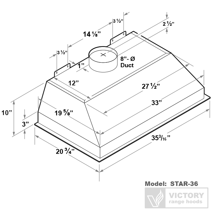 36 Inch 900 CFM Range Hood Insert with Double Blower - VICTORY Star