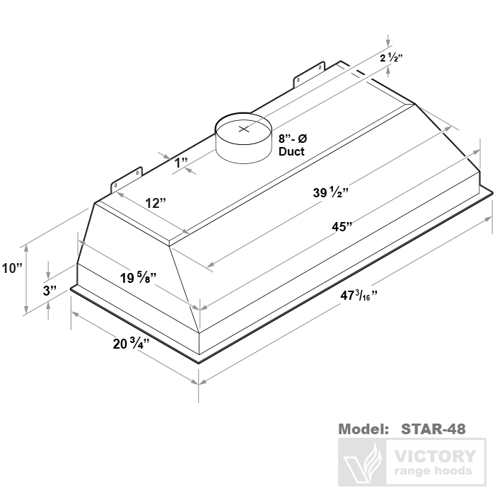 48 inch 900 CFM Range Hood Insert - VICTORY Star (Double blower)