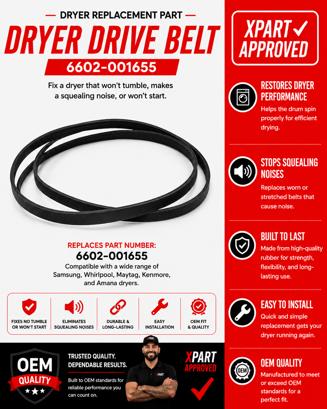 Dryer drive belt replacement part with Xpart approval on a red and white background