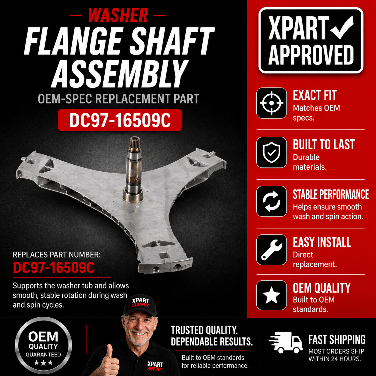 Samsung DC97-16509C Flange Shaft Assembly — Fixes Washer Drum Not Spinning