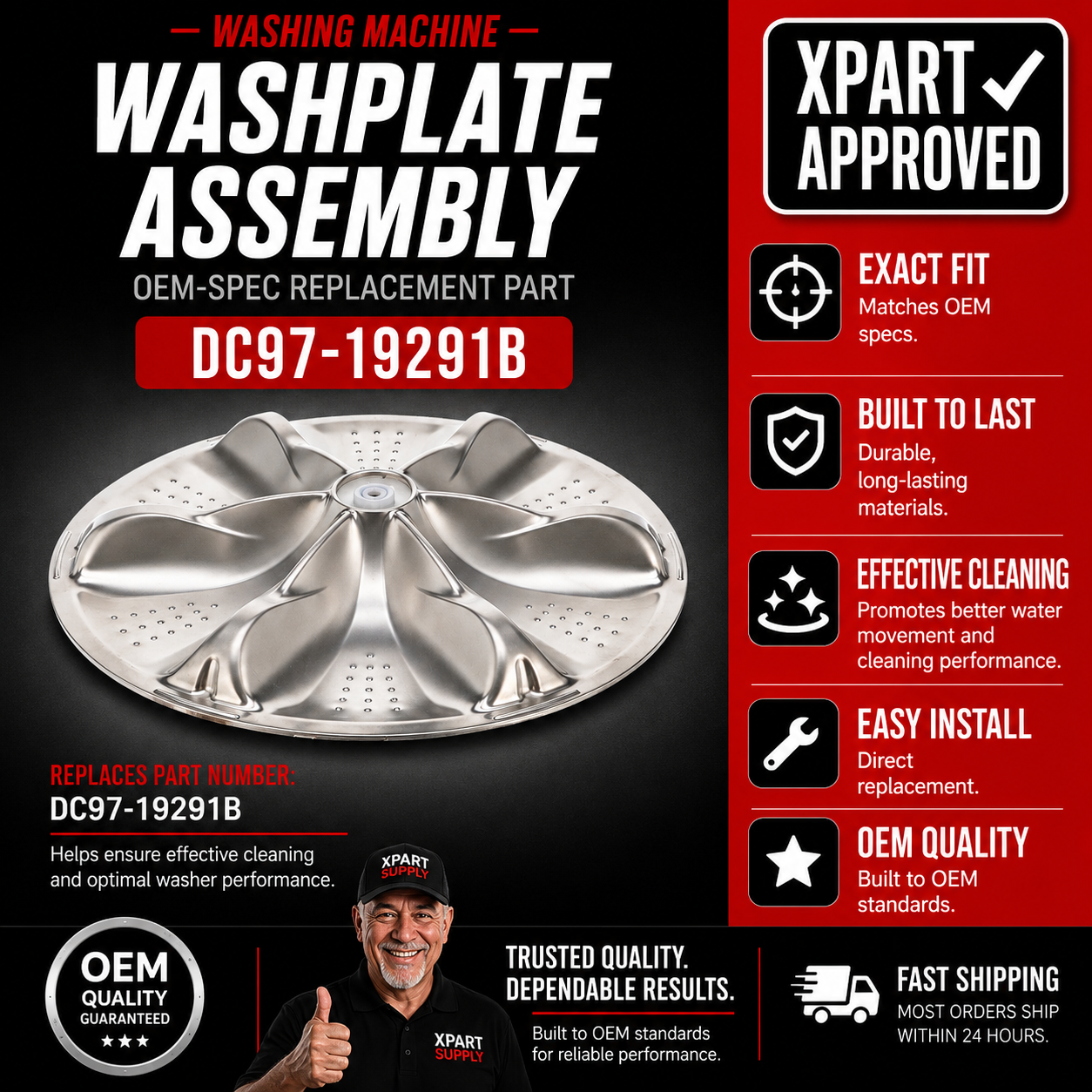 Samsung Washer Washplate Assembly DC97-19291B — Replaces DC97-19291A / Restores Wash Action