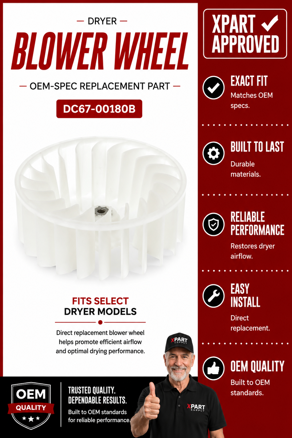 Samsung Dryer Blower Wheel DC67-00180B — Fixes No Heat, Long Dry Times or Loud Rumbling