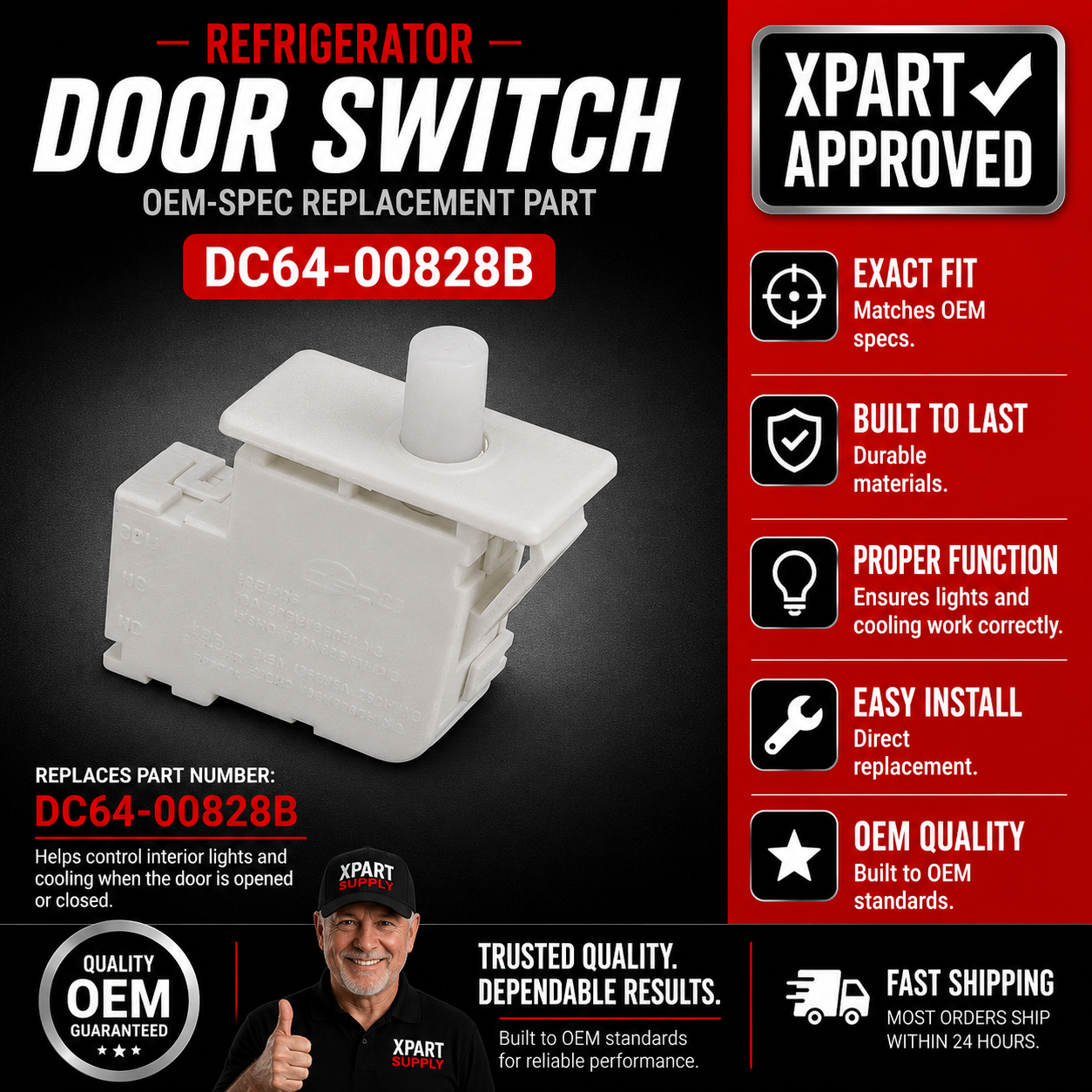 Samsung Dryer Door Switch DC64-00828B — Fixes Dryer That Won't Start or Has No Interior Light