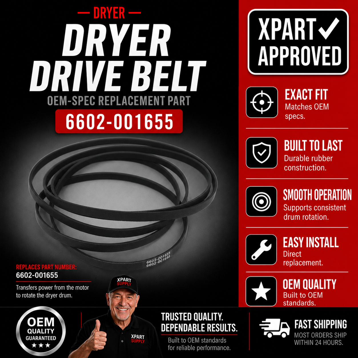 Samsung Dryer Drive Belt 6602-001655, Replaces 6602-001314