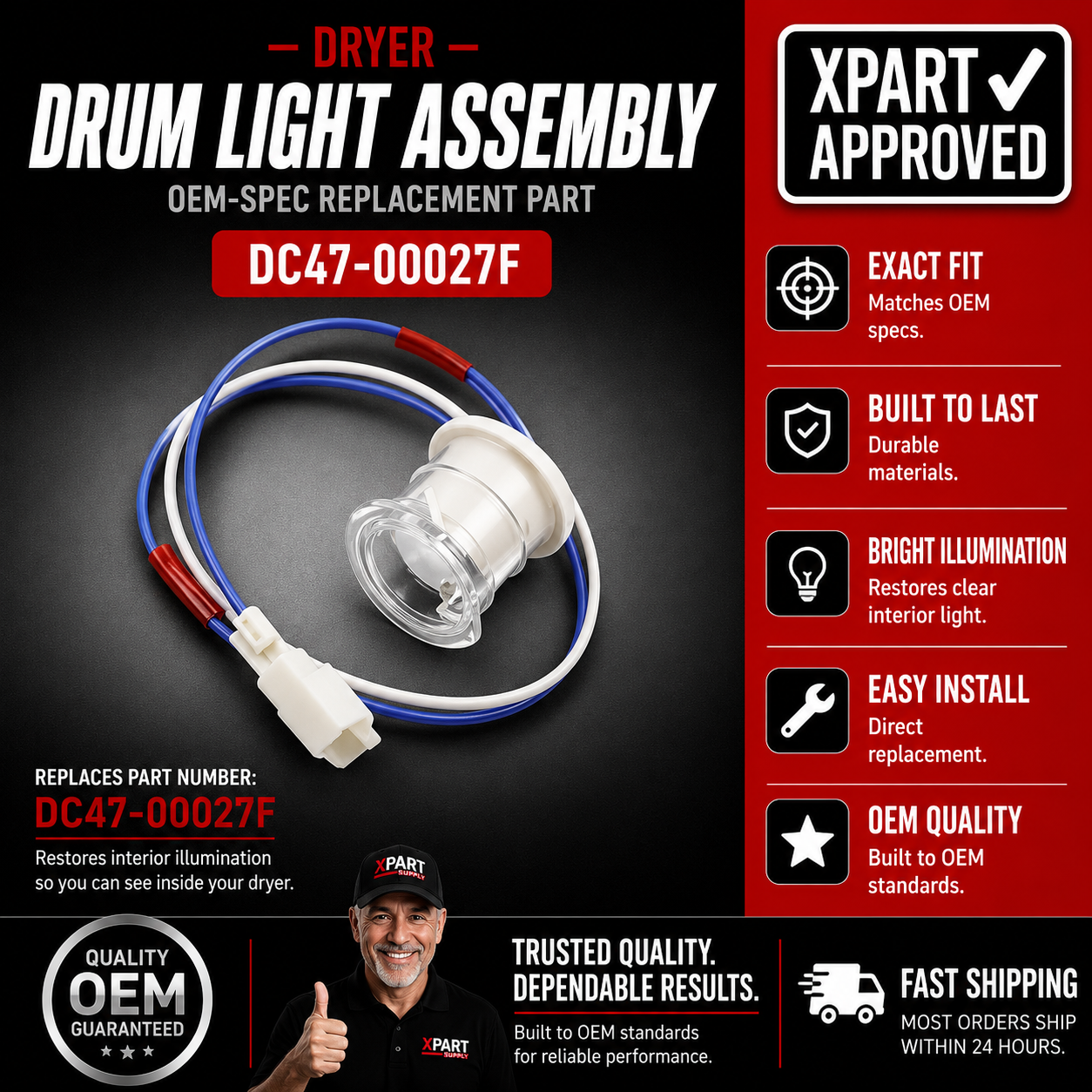 Samsung Dryer Drum Light Assembly DC47-00027F, Fixes Drum Light Not Turning On